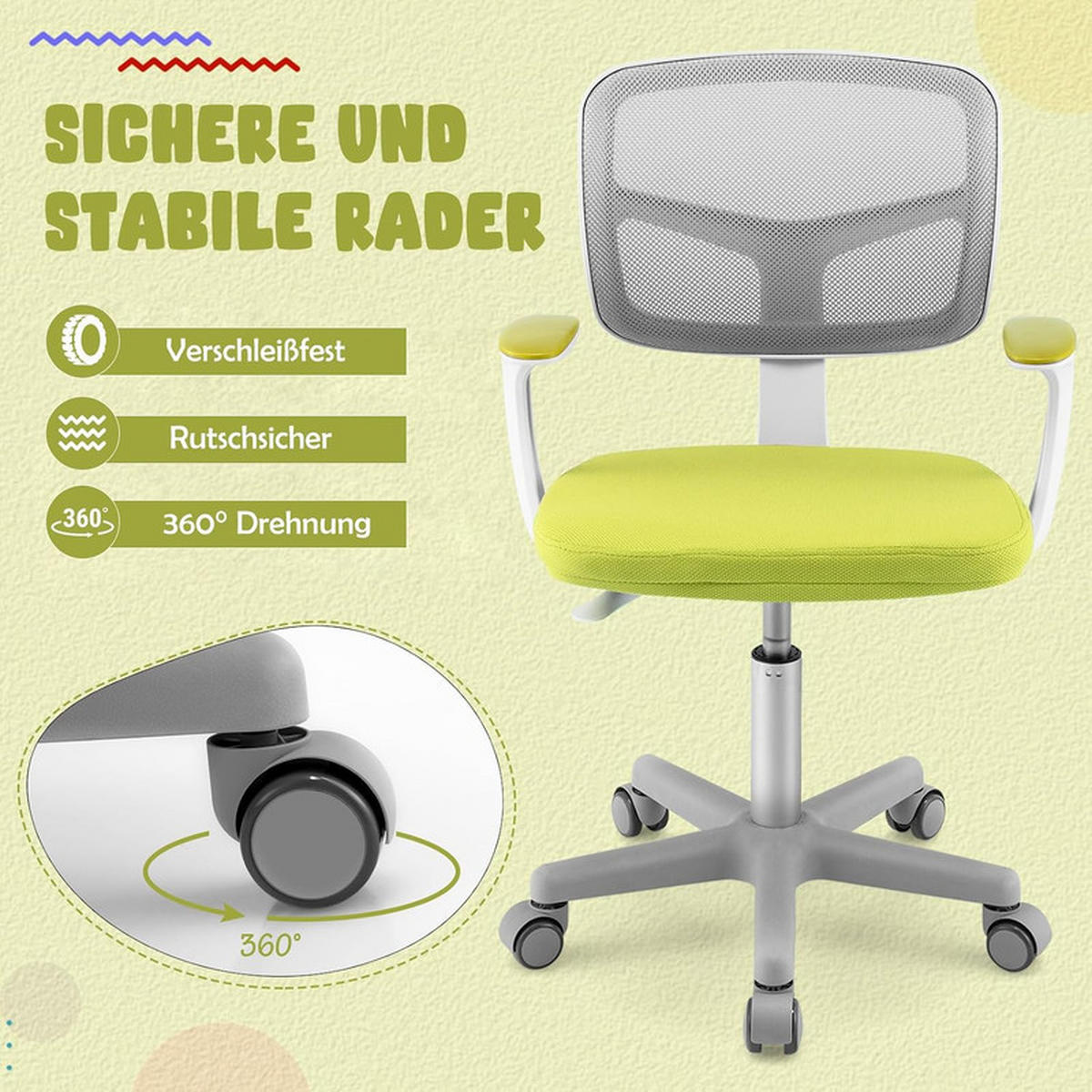KINDER‑BÜROSTUHL 360°drehbar grün - Grün, Kunststoff (54/80/54cm) - COSTWAY