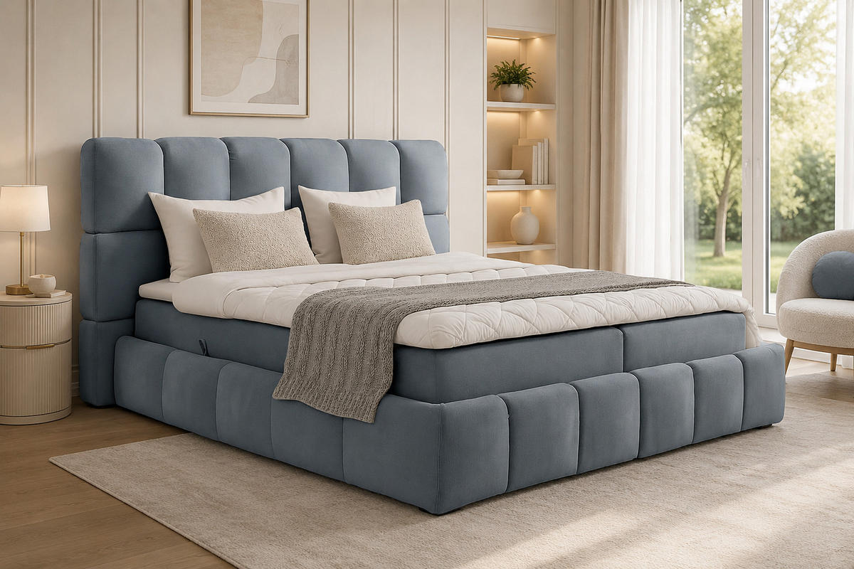 BOXSPRINGBETT AURA mit Topper und Bettkasten, Steingrau, H4 Pocket, 200x200 cm - Blaugrau, Textil (200/200cm) - KS Home Concept
