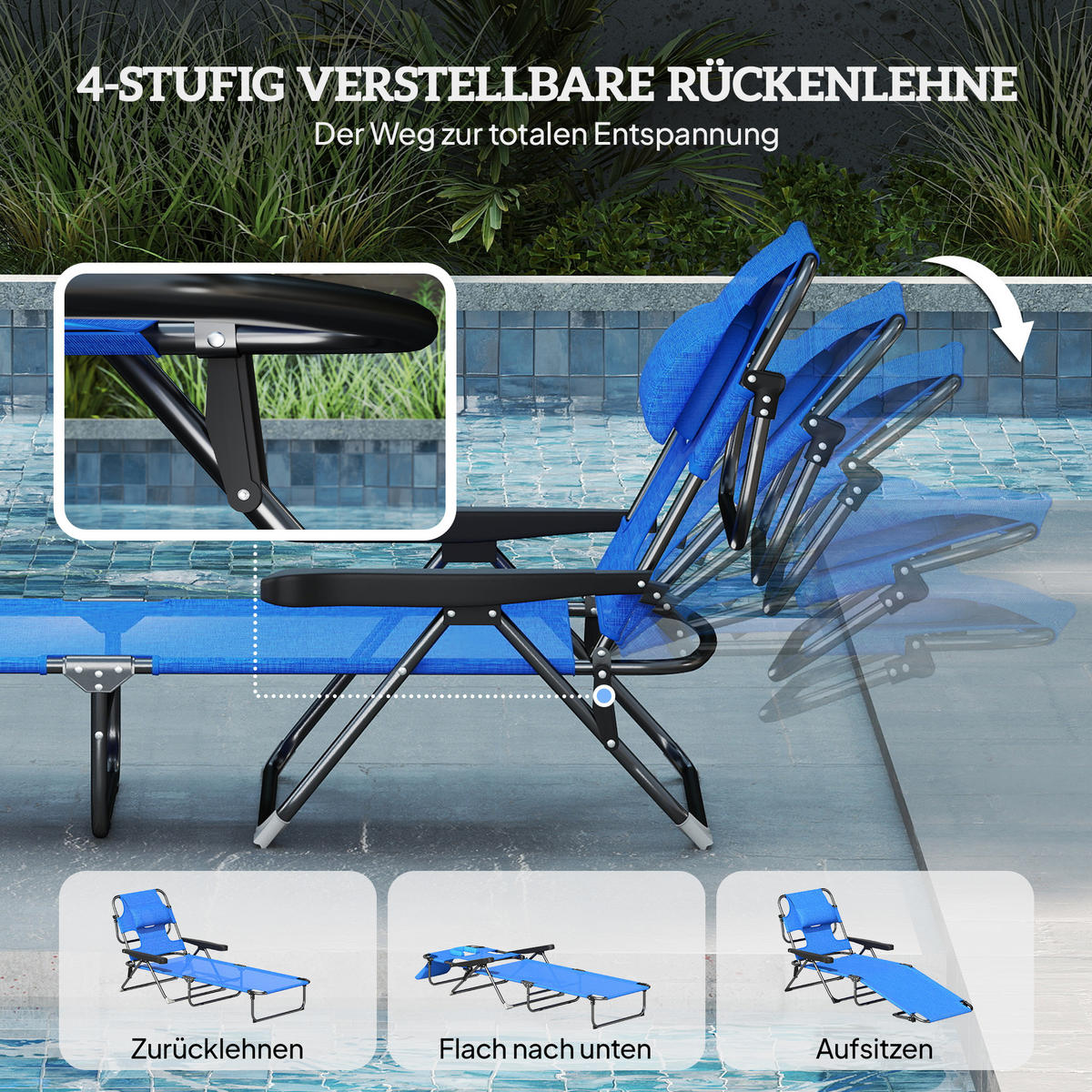 SONNENLIEGE Gartenliegen Relaxliege, klappbar, wetterbeständig, 194 cm x 72 cm x 31 cm, Schwarz + Dunkelblau - Blau, Metall (194/31/72cm)