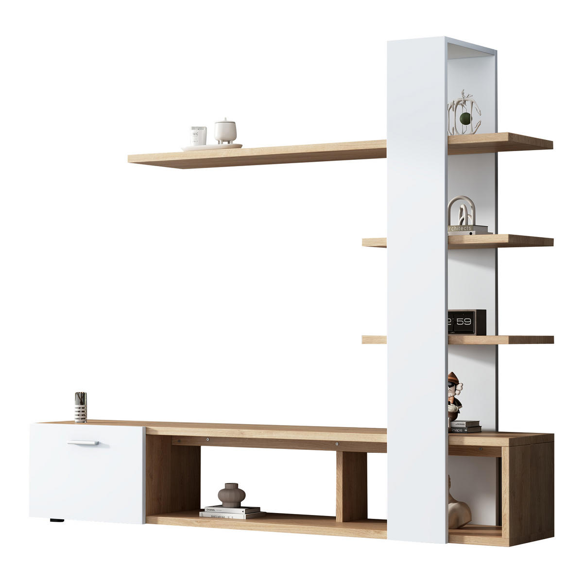 TV-ELEMENTTV-WOHNWAND 180x33,5x151,5cm für 60-Zoll-Fernseher Weiß-Holzoptik - Weiß, Holz (44.78/11.99/159.49cm) - Raelunyi