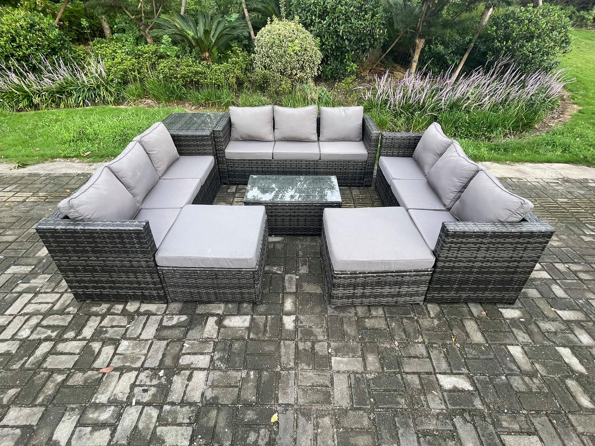 GARTENSET mit Beistelltisch Polyrattan 11-Sitzer - Dunkelgrau, Metall - Fimous