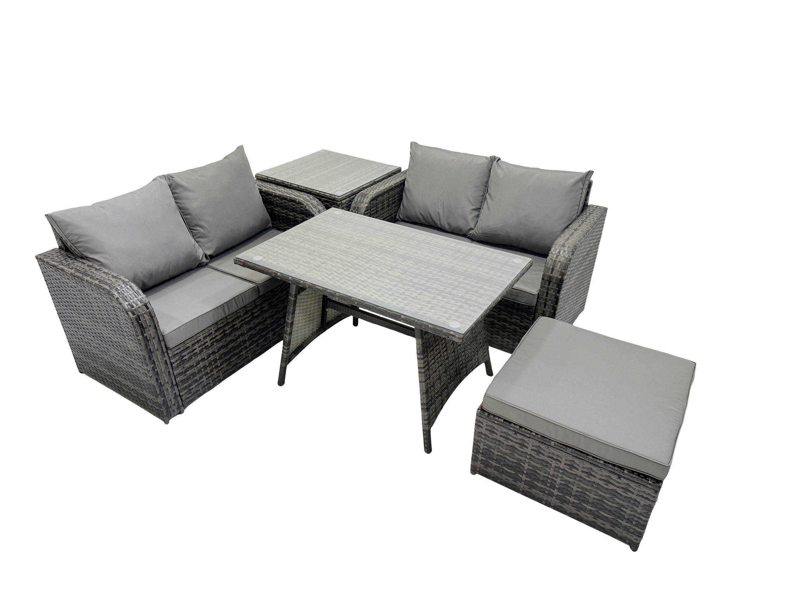 BALKONSET mit ESSTISCH SOFA Polyrattan Dunkelgrau 5-Sitzer - Dunkelgrau/Grau, Glas/Kunststoff - Fimous