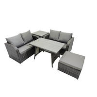 BALKONSET mit ESSTISCH SOFA Polyrattan Dunkelgrau 5-Sitzer - Dunkelgrau/Grau, Glas/Kunststoff - Fimous
