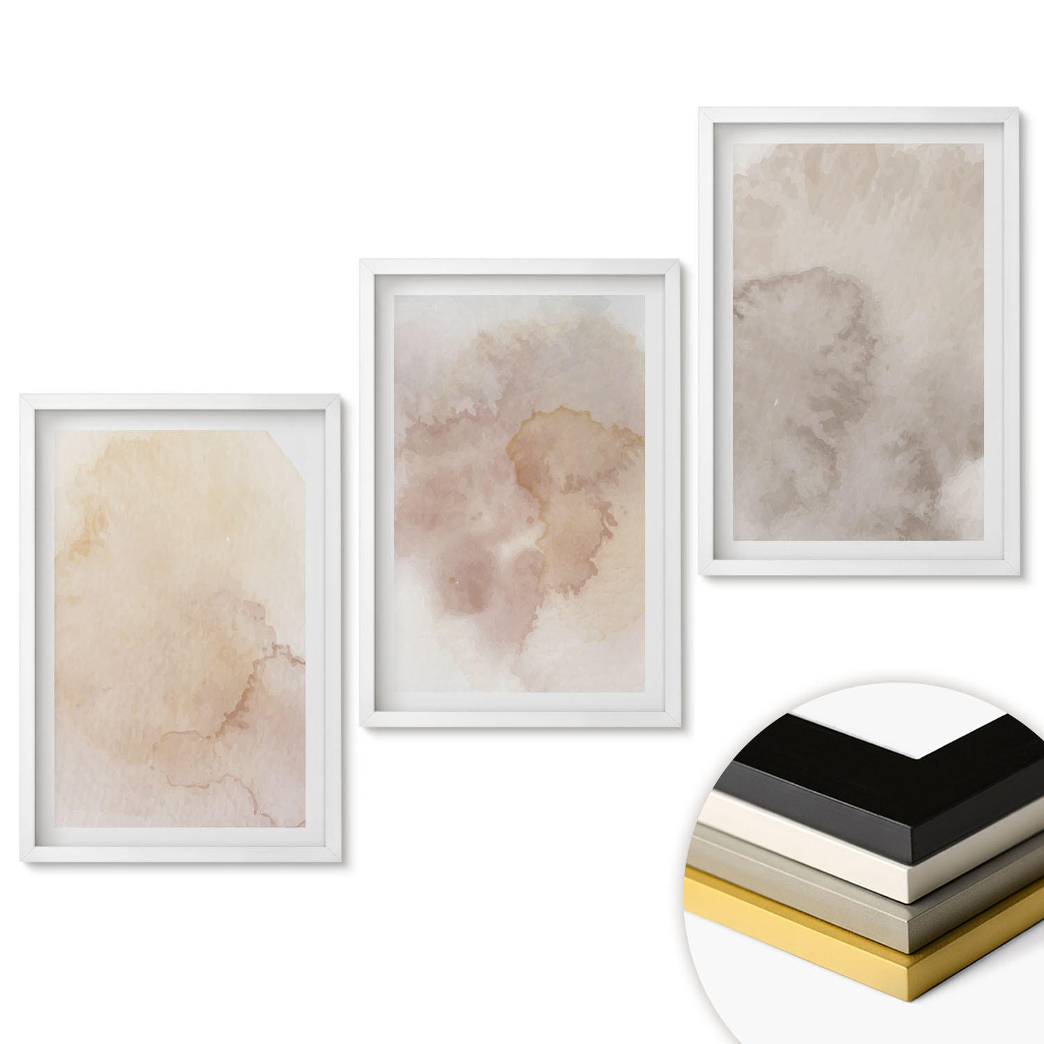 WANDBILDER 3er-Set - 40x60 cm Weißer Rahmen - Warme Aquarell-Pastelltexturen - Weiß, Kunststoff (40/60cm) - ArtPrintCave