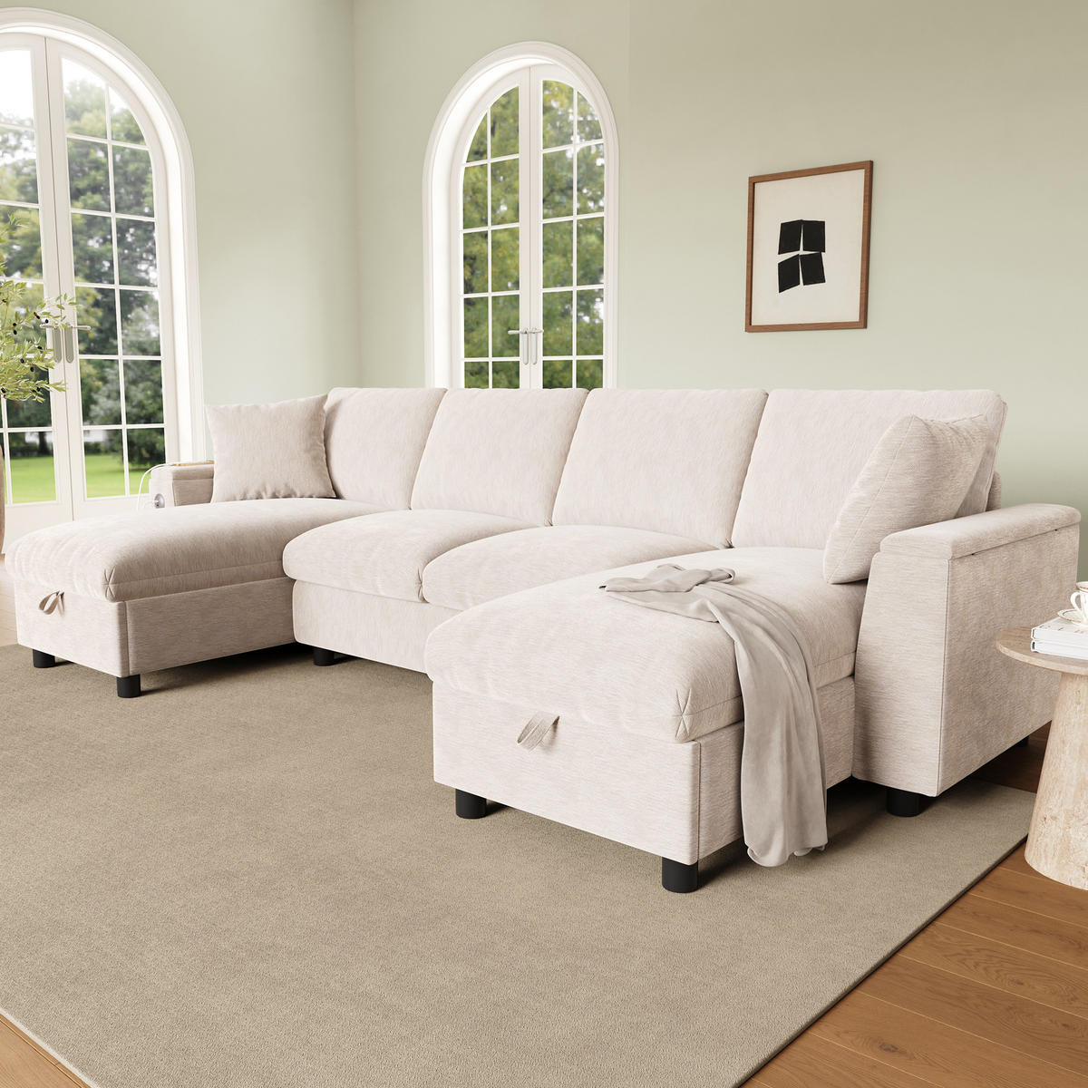 WOHNLANDSCHAFT Chenille Beige mit Stauraum, USB und Type-C-Anschluss - Beige, Holzwerkstoff/Kunststoff (284/84/135cm) - WISHDOR