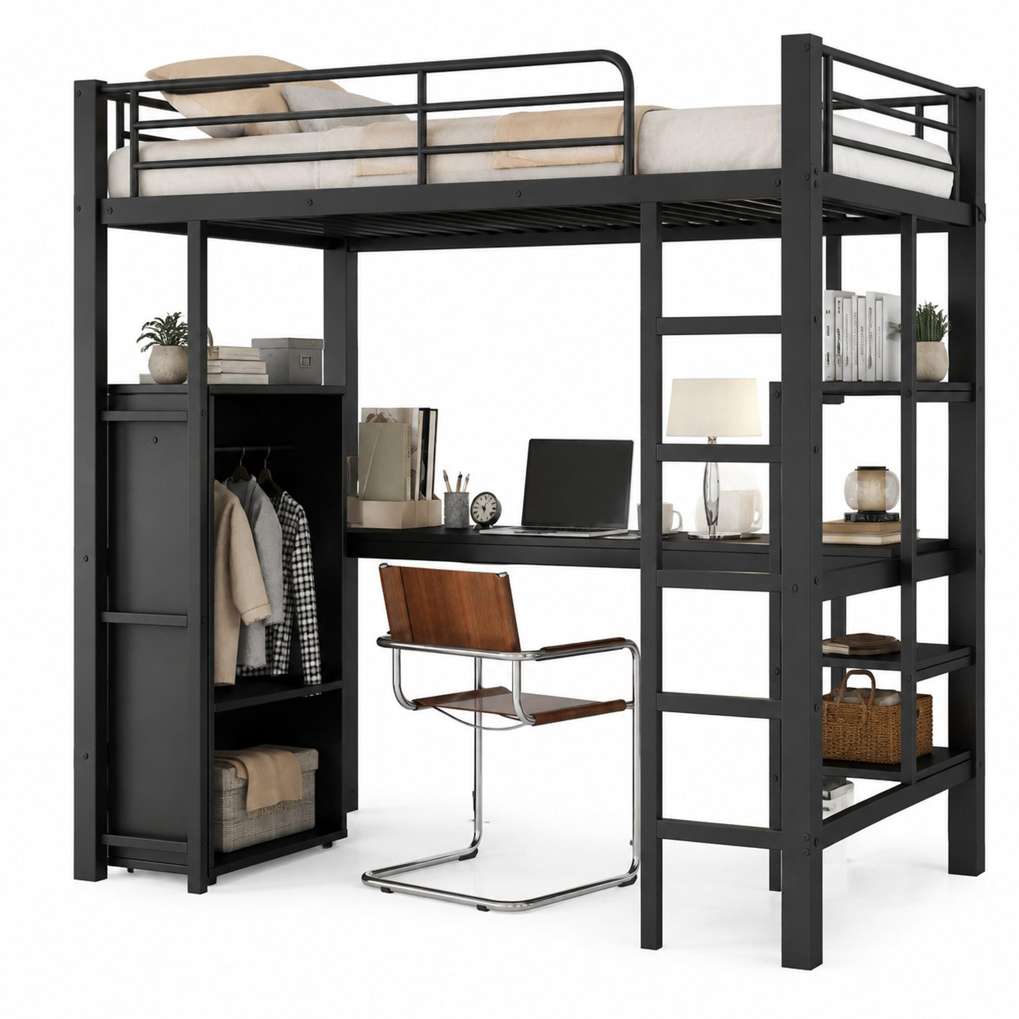 HOCHBETT 90/200 mit Schreibtisch, Kleiderschrank und Regalen in Schwarz - Schwarz, Holzwerkstoff/Metall (90/200cm) - EVRYAE