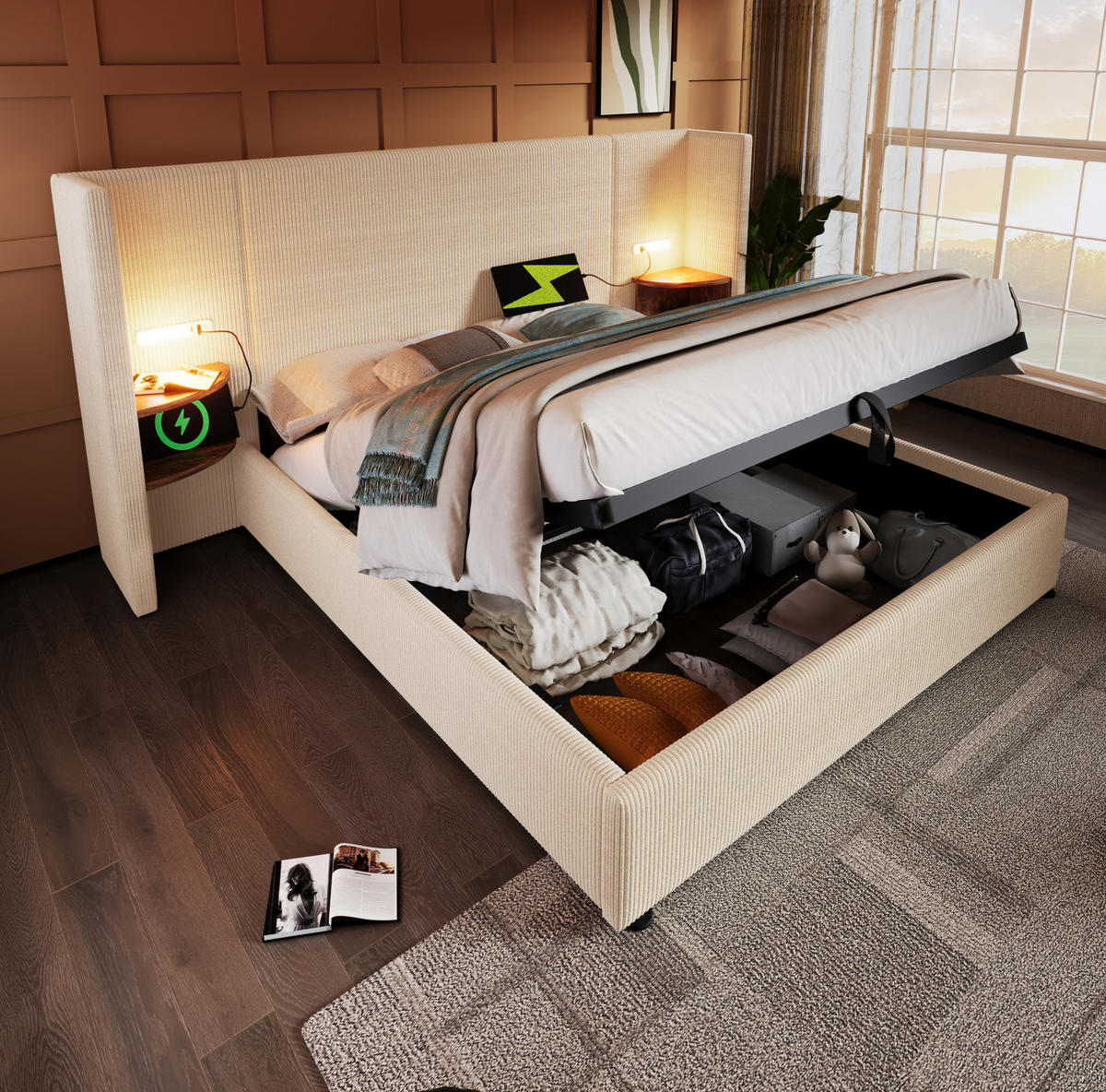 POLSTERBETT 160/200 cm Beige-Weiß aus Cordstoff mit Stauraum, Leselicht und Ladefunktion - Beige, Textil (160/200cm) - OKMYHOME