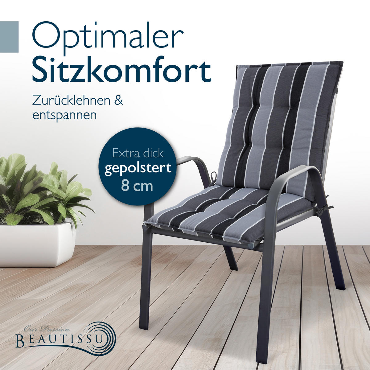 NIEDERLEHNERAUFLAGE Sun-NL 105/50/8cm Anthrazit-Gestreift - Multicolor, Textil (50/8/105cm) - Beautissu 