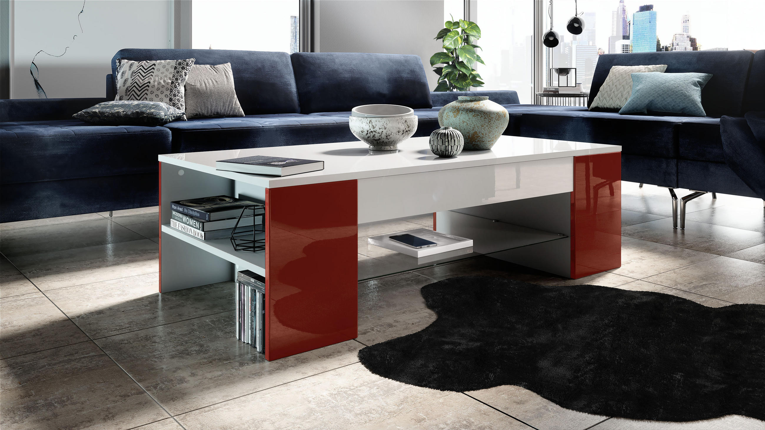 COUCHTISCH Clip Blenden in Bordeaux Hochglanz - Bordeaux, Holzwerkstoff (60/118/37cm) - Vladon