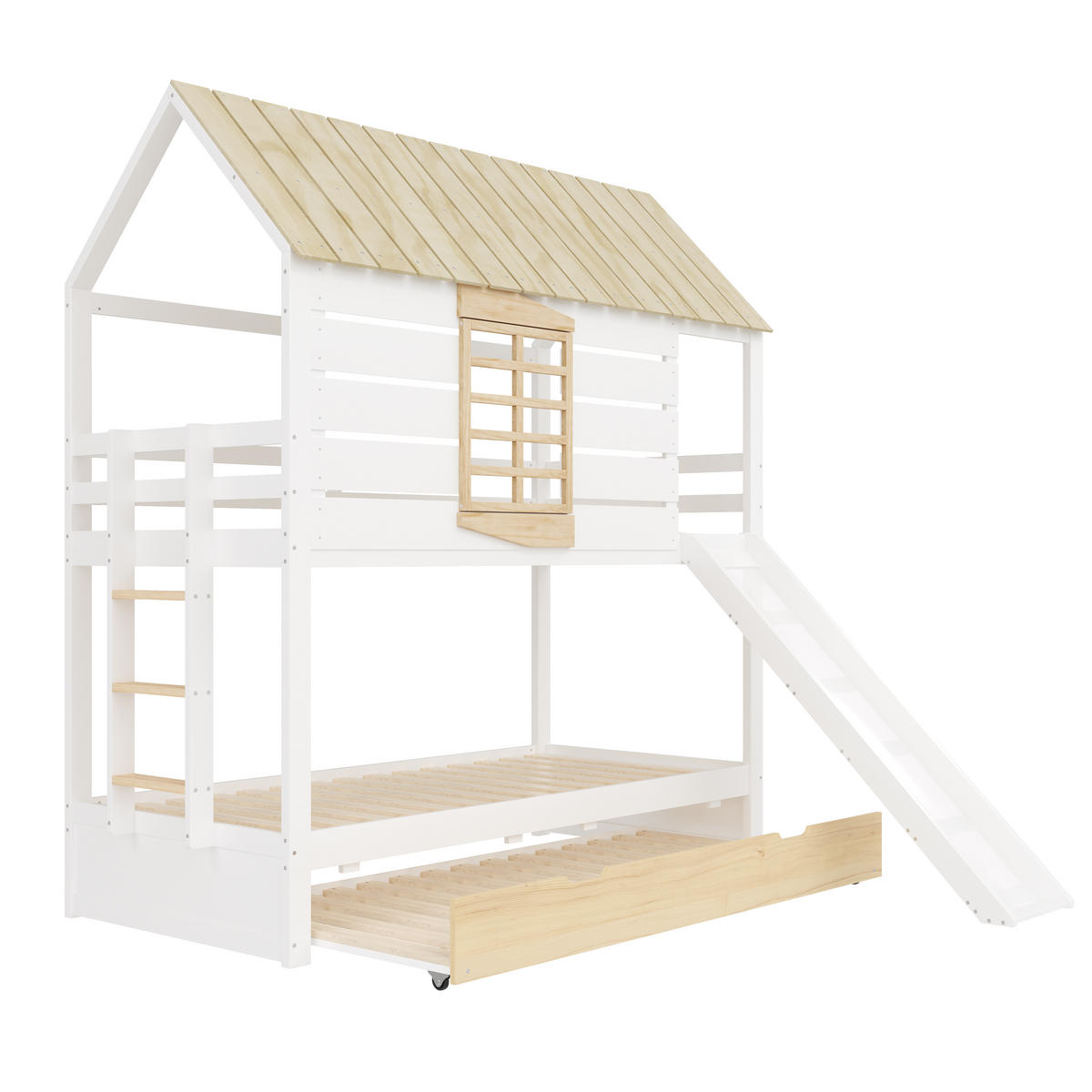 ETAGENBETT 90/200 cm Weiß aus Kiefer mit Rutsche und Ausziehbett - Weiß, Holzwerkstoff (90/200cm) - OKWISH