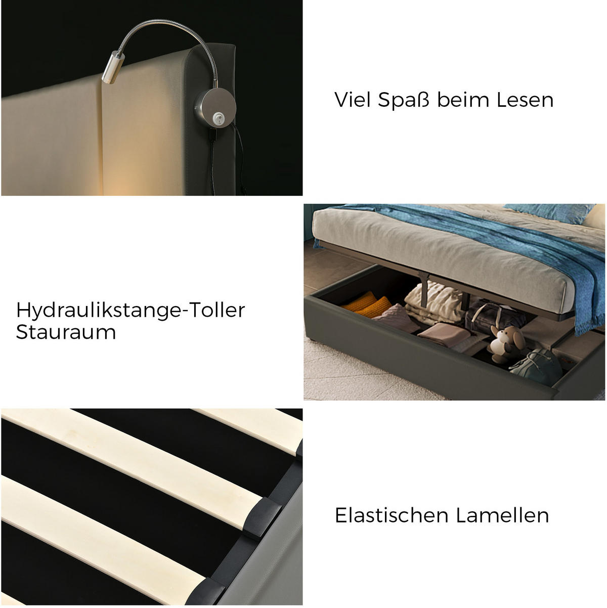 POLSTERBETT 140/200 cm Grau aus PU mit Bettkasten und USB-Ladefunktion - Grau, Kunststoff (140/200cm) - OKMYHOME