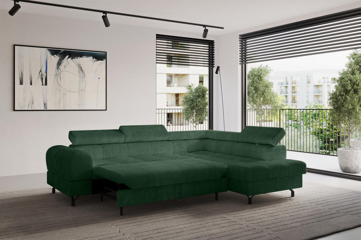 ECKSOFA mit Schlaffunktion Ottomane Rechts LUMA-L 272x203x70 Grün Cord - Schwarz/Grün, Holzwerkstoff/Kunststoff (203/272cm) - ALTDECOR