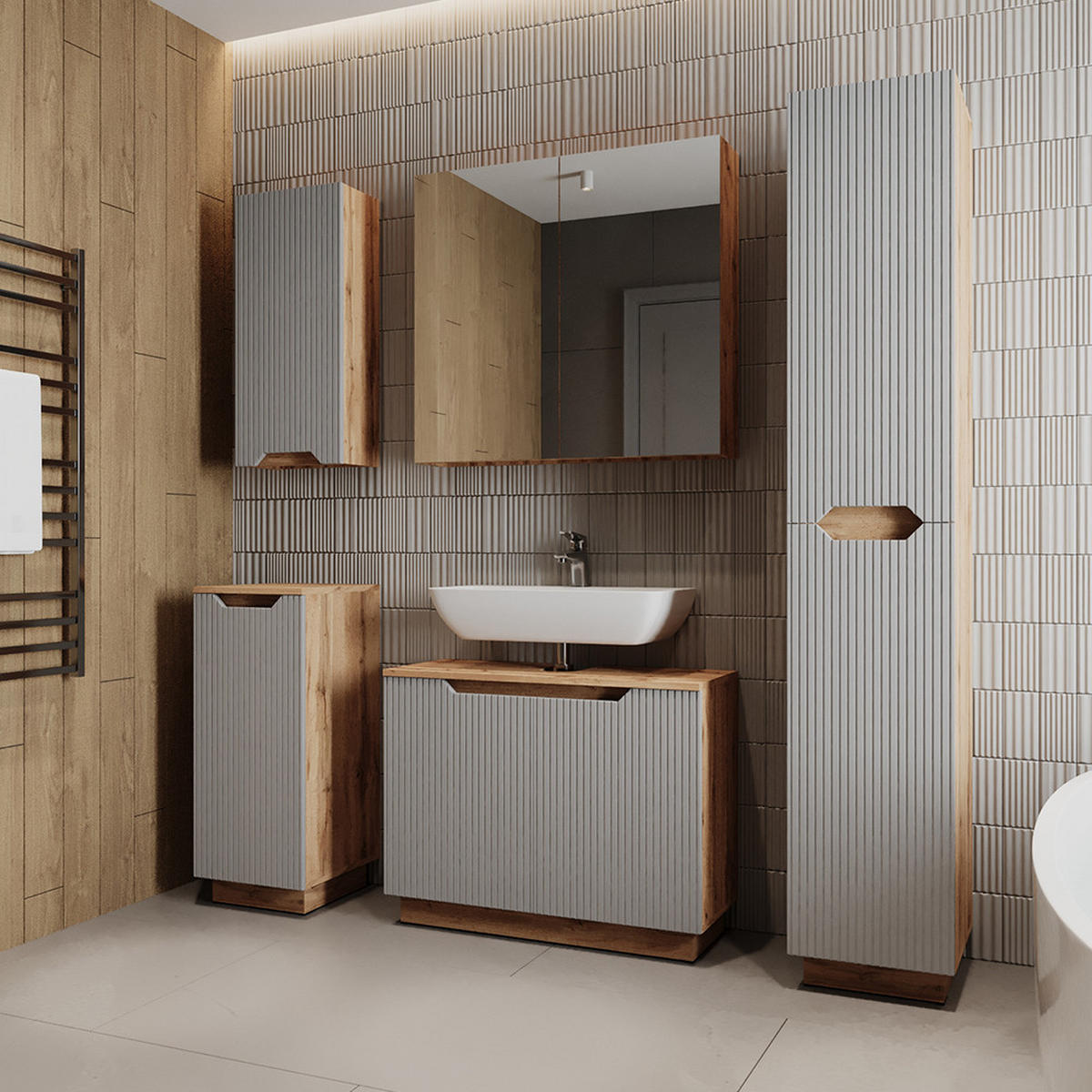 KOUPELNOVÝ NÁBYTEK Lotta Dubový/šedý pruhovaný - šedá/barva dubu, kompozitní dřevo (79.6/62.1/32cm) - Vicco