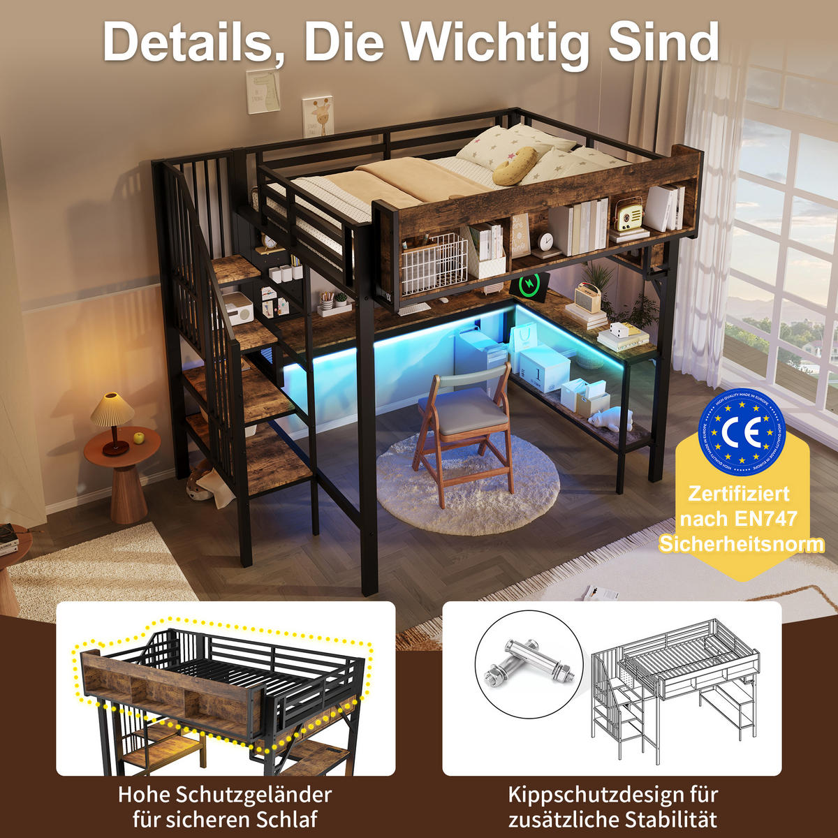 HOCHBETT 140/200 cm in Vintage-Braunschwarz mit Eckschreibtisch, Stauraum, LED und USB - Schwarz/Braun, Holzwerkstoff/Metall (140/200cm) - WISHDOR