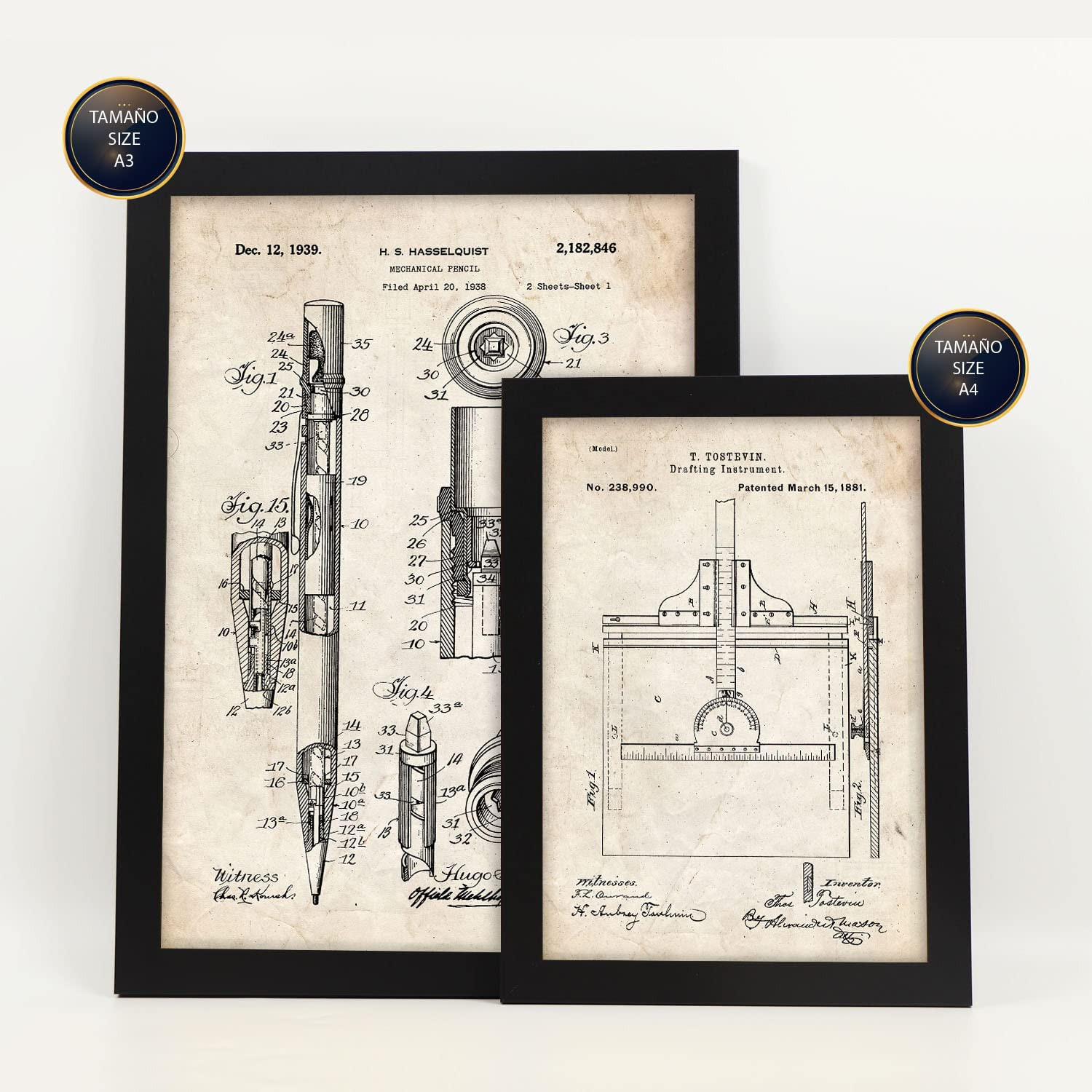 POSTER Set Mit 6 Plakaten Mit Messwerkzeug Patenten Im Vintage Stil A3 & A4 Schwarzer Rahmen - Schwarz, Papier (29/3cm) - Nacnic