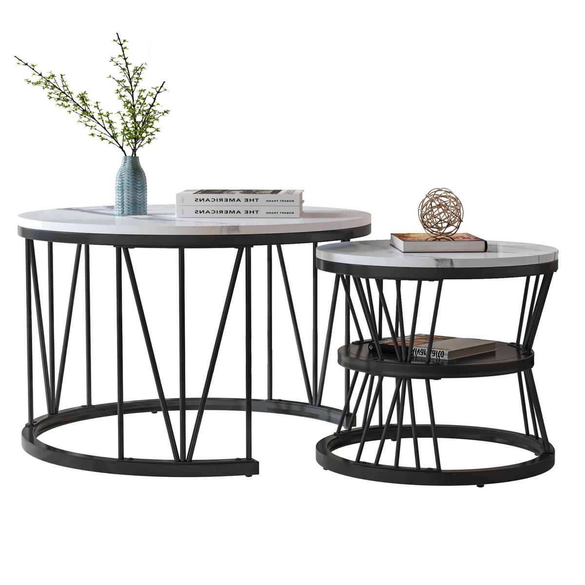 COUCHTISCH 2er Set Beistelltisch Rund, Schwarz - Schwarz, Metall (70/70/45cm)