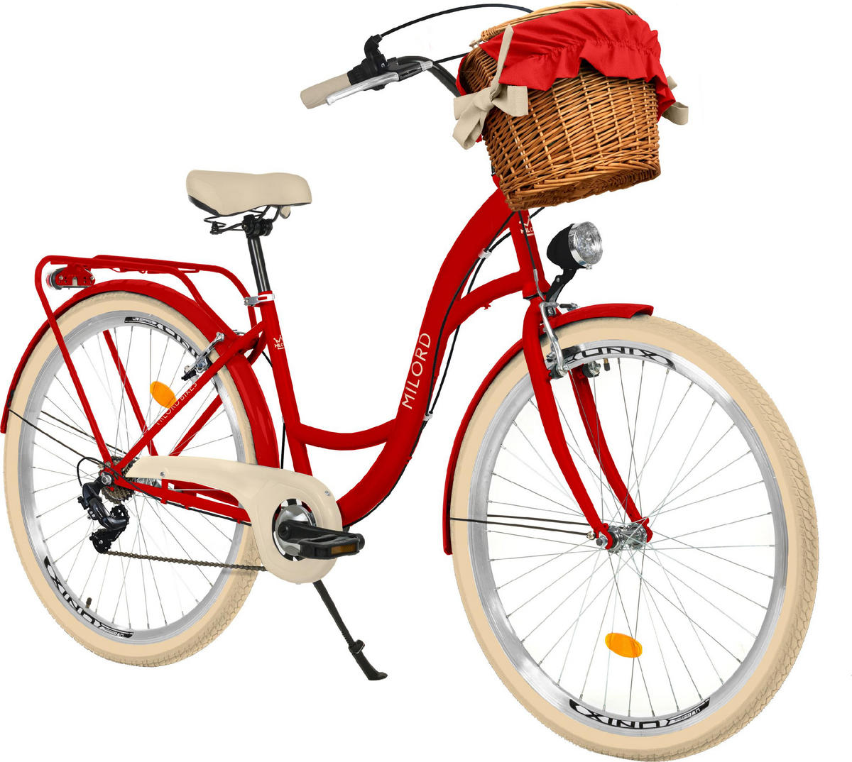 CITY-FAHRRAD Milord mit Weidenkorb, 28 Zoll, Rot, 7-Gang - Rot, Metall (46cm) - Milordbikes