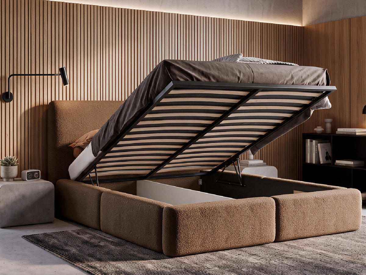 POLSTERBETT LIVIA 140x200 cm mit Bettkasten, Stauraum und Metall-Lattenrost – Bouclé Stoff Braun - Schwarz/Braun, Textil/Metall (140/200cm) - Luxkor24