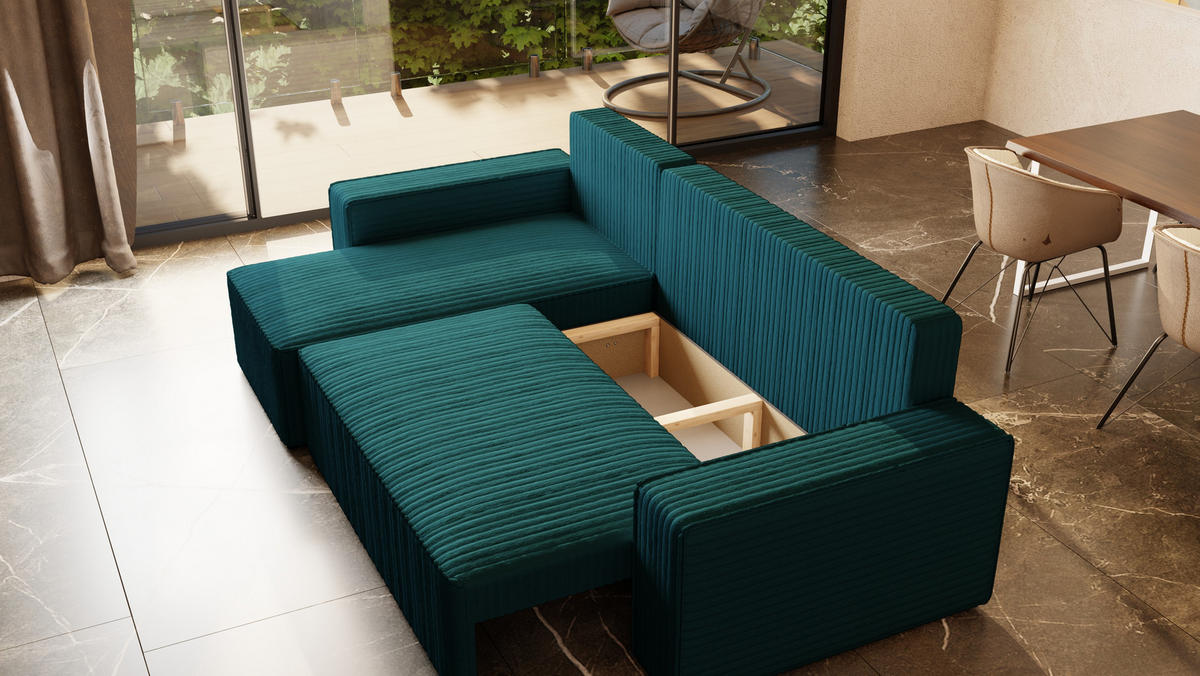 ECKSOFA Tobi mit Bettkasten und Schlaffunktion, L-Form/XL-Form, Cordstoff, Universal - Blau, Holzwerkstoff (246/145cm) - 4ALL HOME