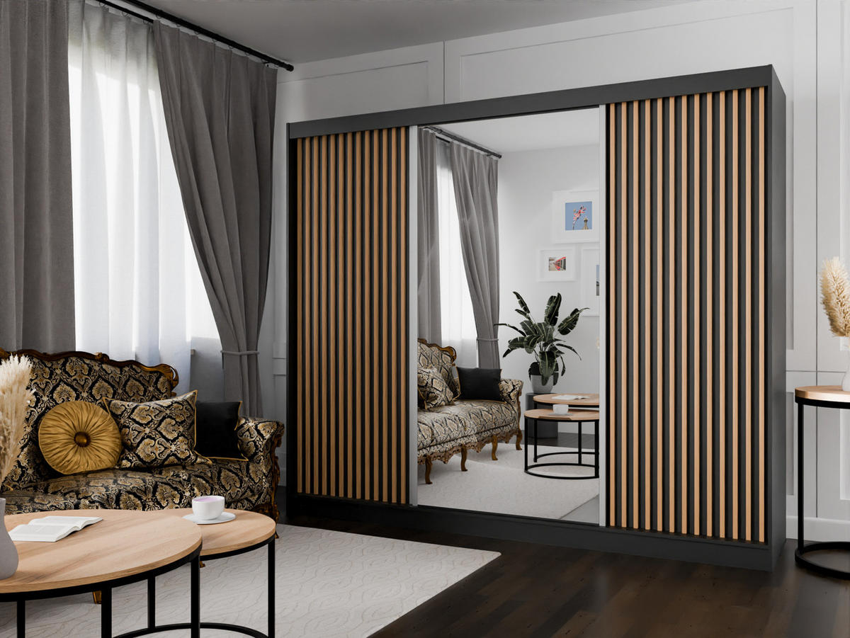 SCHWEBETÜRENSCHRANK Lili 250 cm mit Lamellen und Spiegel 3-türig, schwarz, Lamelle wotan - Eiche Wotan/Schwarz, Kunststoff (250/215/61cm) - Margaret Hadas24