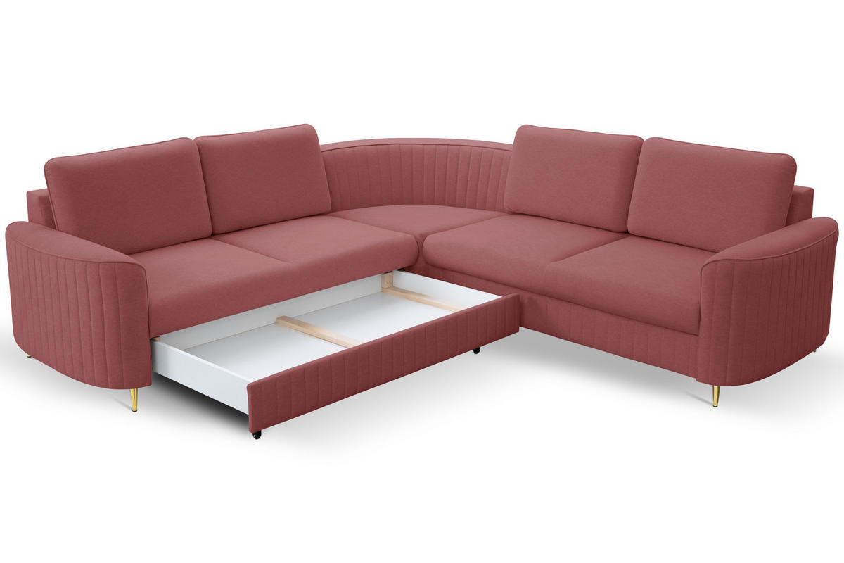 ECKSOFA LAREN, modernes Schlafsofa mit Stauraum, Plastikfüße, L-förmig, lose Rückenkissen freistehend, LINKS 251x252x85 cm Bordeaux - Bordeaux, Holz/Textil (251/252cm) - DomoHome