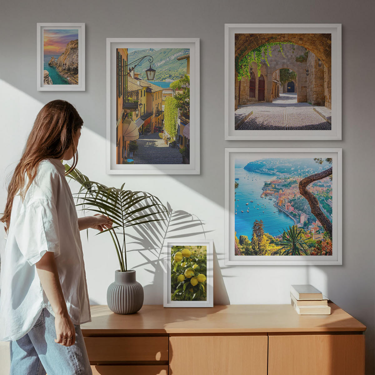 WANDBILDER 5er-Set - 50x50 cm & 20x30 cm & 40x60 cm Weißer Rahmen - Bezaubernde Straßen voller Zitronenblüten - Weiß, Kunststoff (40/60cm) - ArtPrintCave