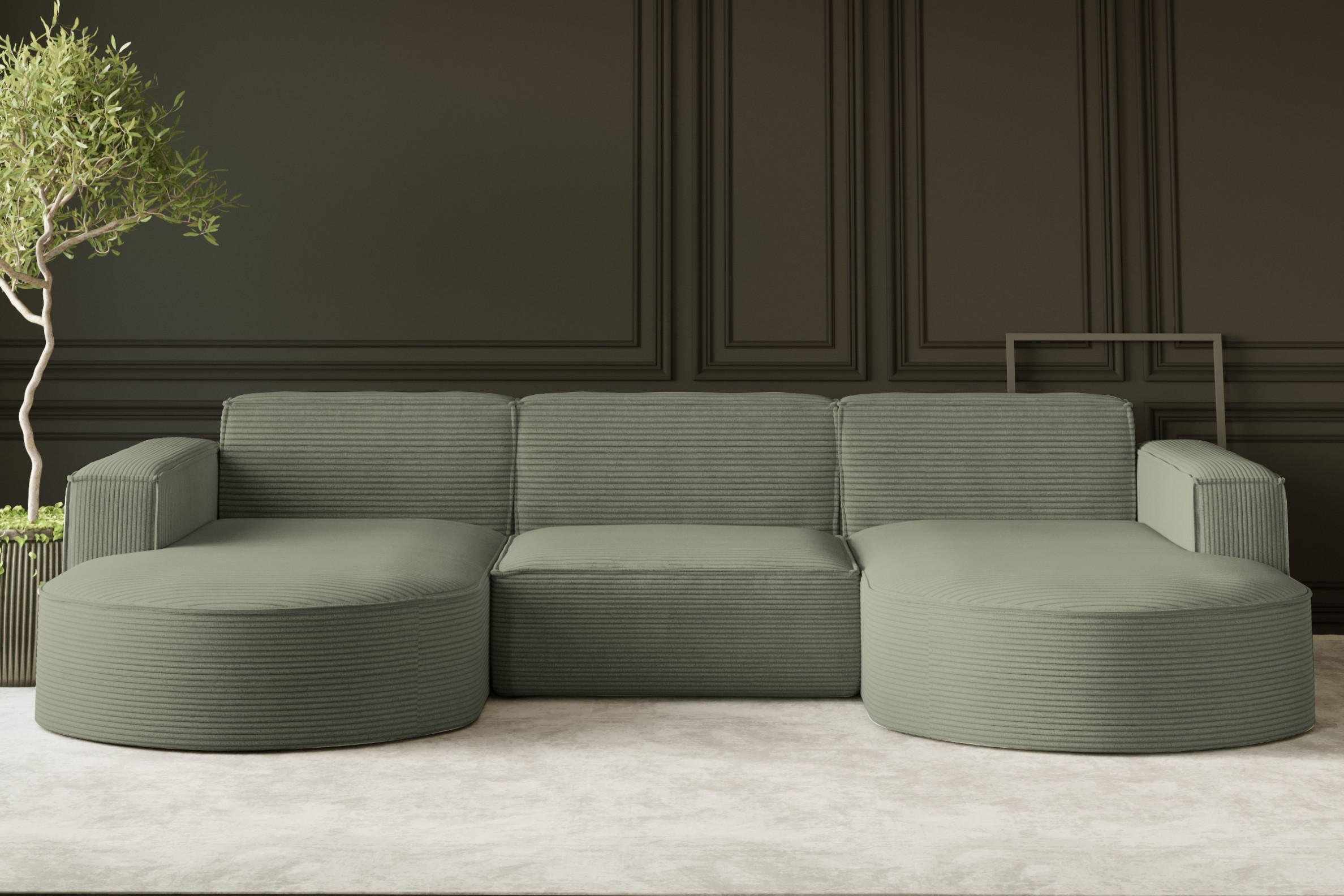 ECKSOFA Designer MODENA U STUDIO Stoff Dicker Cord Hellgrün - Hellgrün, Holz (165/299cm) - Kaiser Möbel