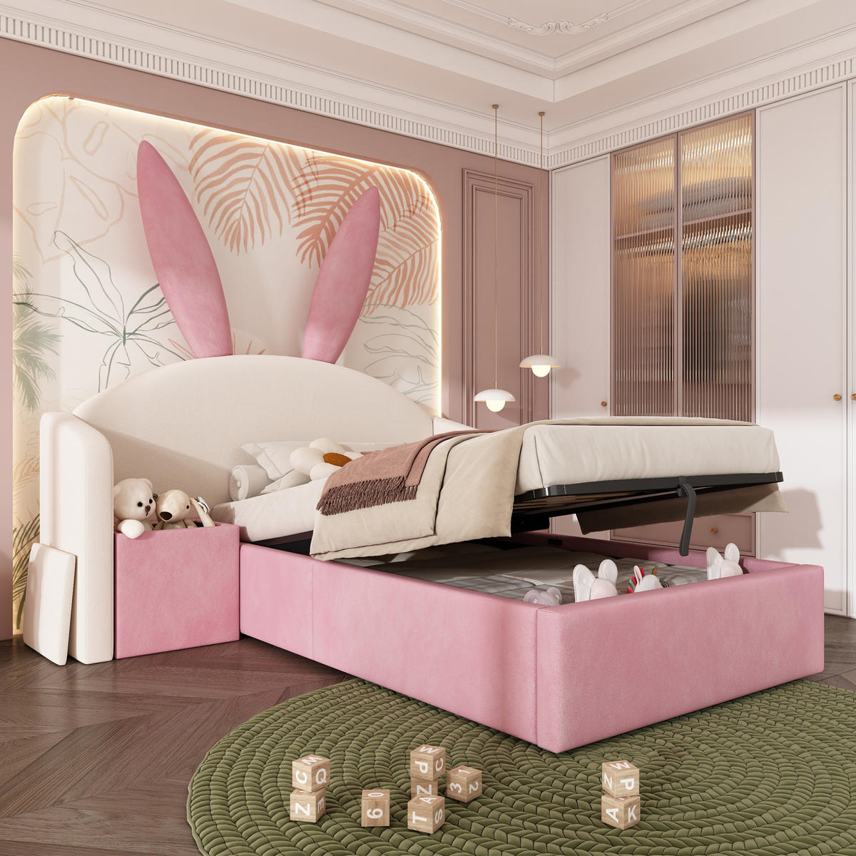 KINDERBETT 90/190 cm, Beige & Rosa mit Hasenohren, Nachttisch, ohne Matratze - Pink, Textil (90/190cm) - MIVRAY