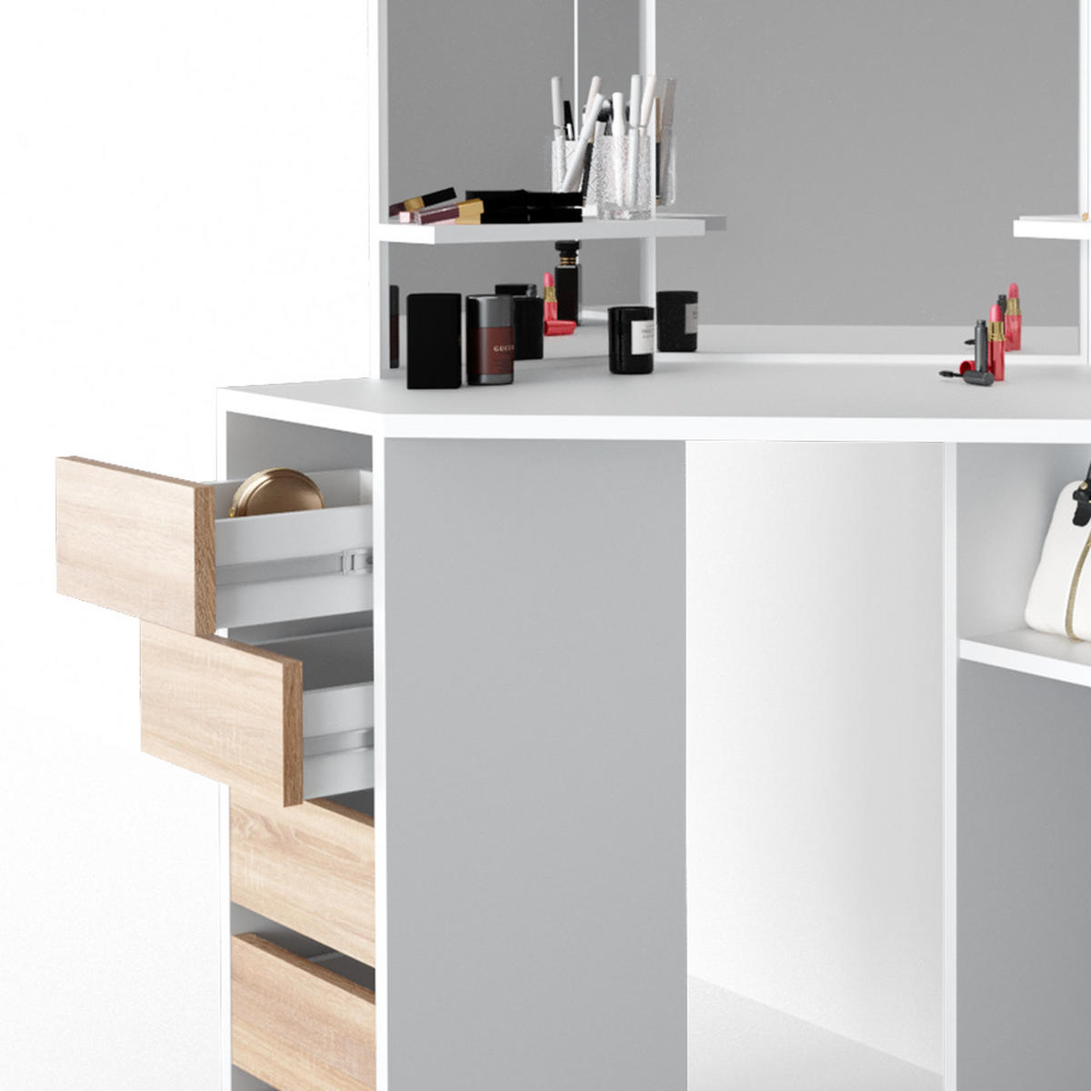 ECKSCHMINKTISCH Arielle Weiß/Sonoma 110 cm mit Hocker - Weiß/Sonoma Eiche, Holzwerkstoff (110/141.5/54cm) - Vicco
