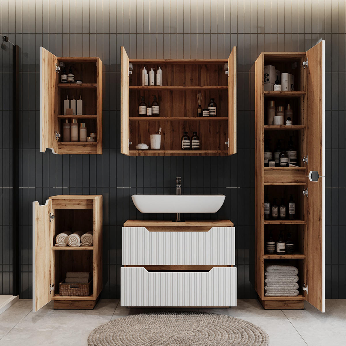 WASCHBECKENUNTERSCHRANK Lotta Eiche/weiß gestreift 79.6 x 62.5 cm mit 2 Schubladen - Eichefarben/Weiß, Holzwerkstoff (79.6/62.5/32cm) - Vicco