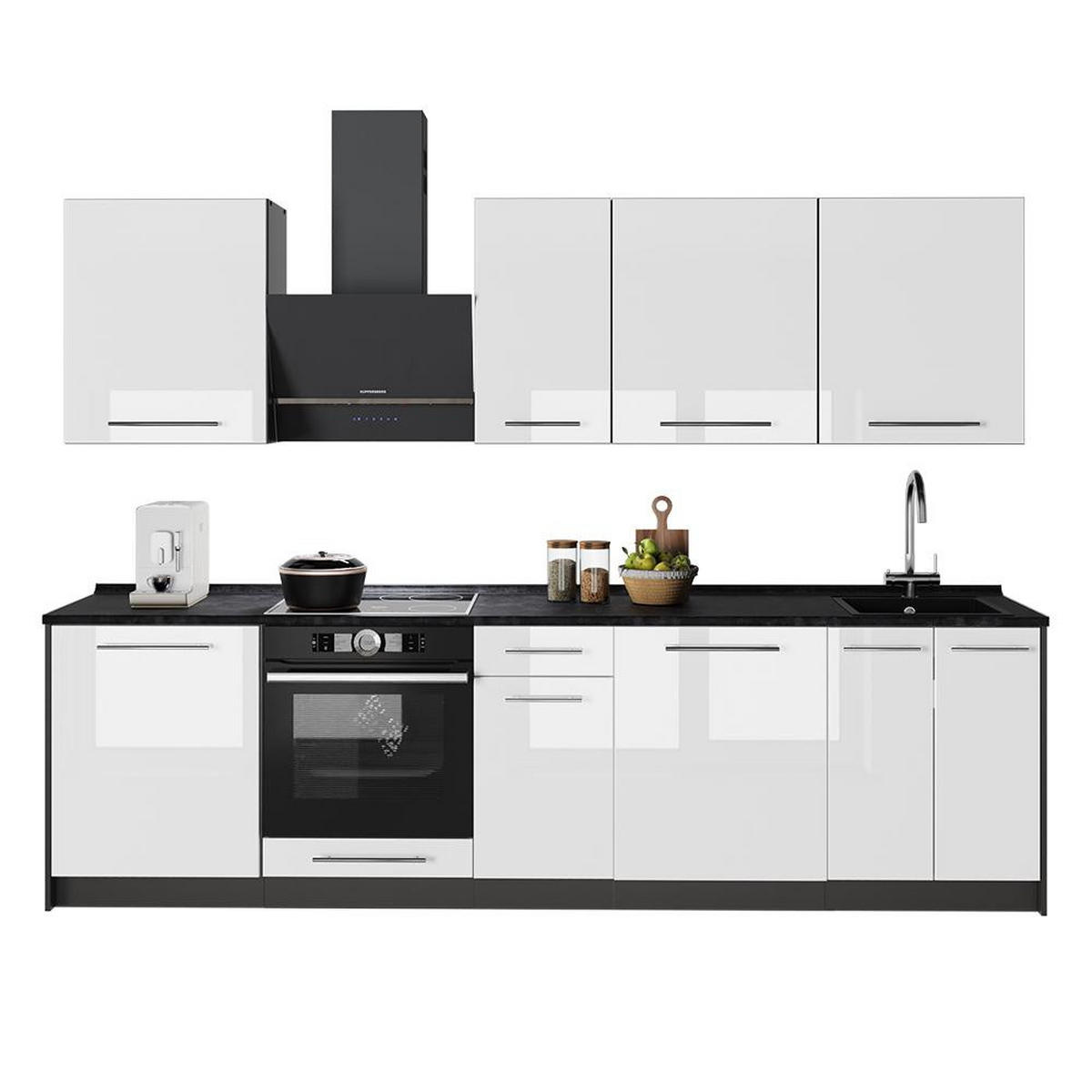 KÜCHENZEILE Fame-Line, Weiß Hochglanz/Anthrazit, 280 cm, AP Marmor - Weiß Hochglanz/Anthrazit, Holzwerkstoff (280/206.8/60cm) - Vicco