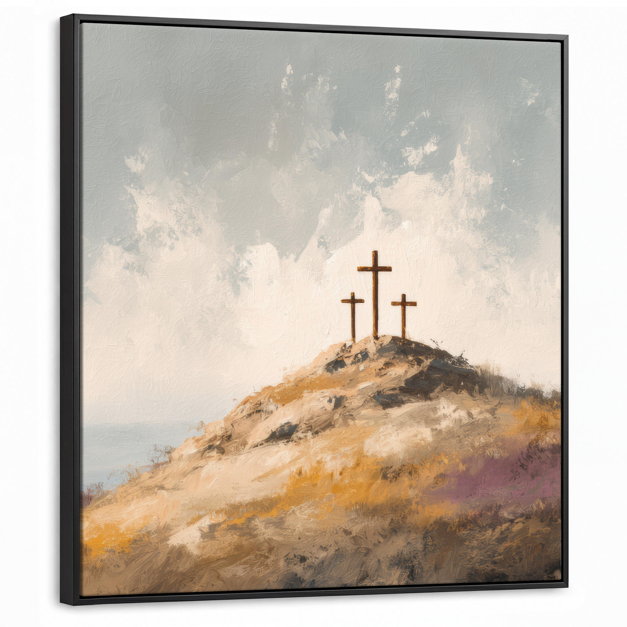 LEINWAND Bilder mit Rahmen - Hügel - Abstrakt - Christentum - Kreuz - 90x90 - Hellgrau, Textil (90/90cm) - MuchoWow