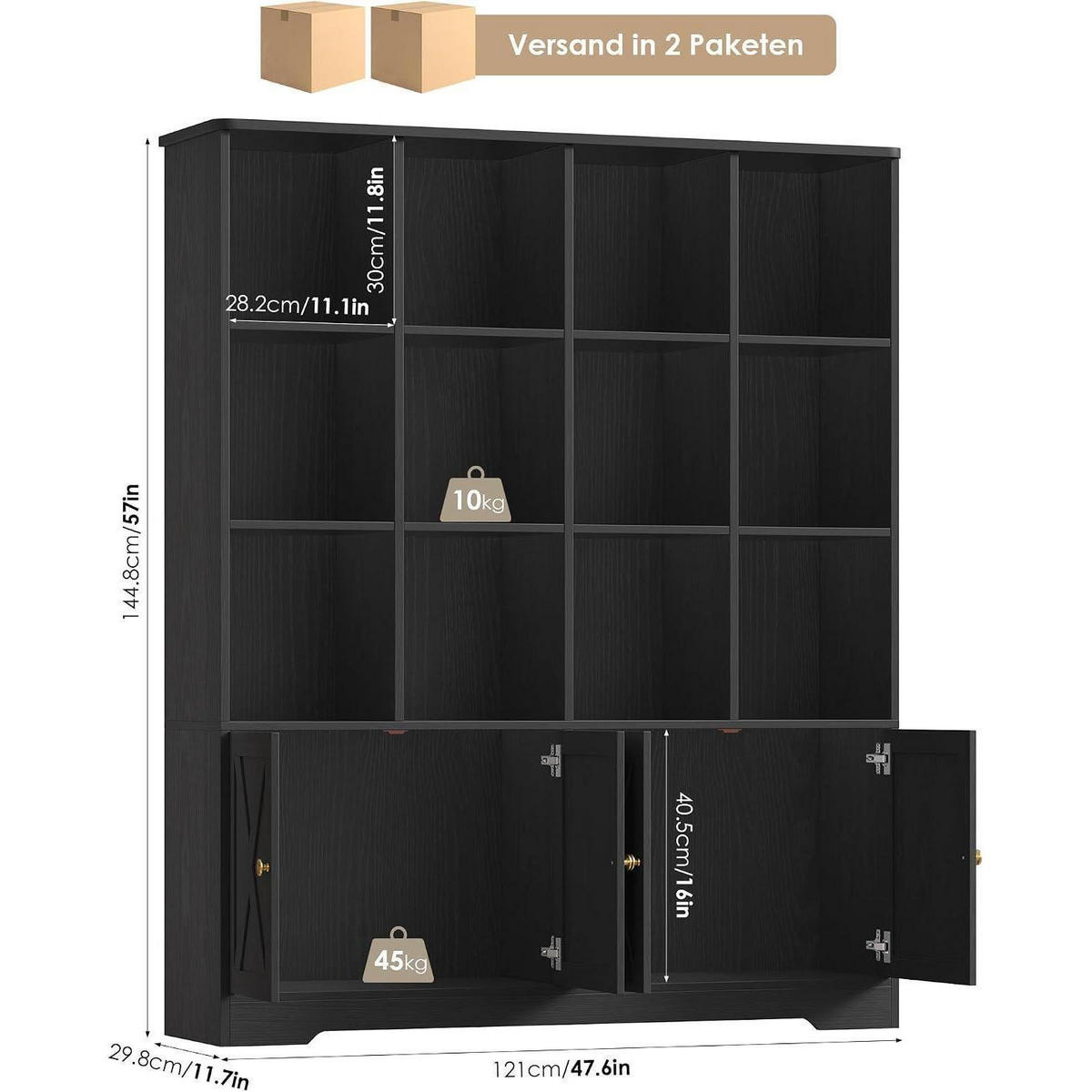 BÜCHERREGAL mit Türen Schwarz 144,8 x 29,8 x 121 cm - Schwarz, Holzwerkstoff (121/144.8/29.8cm)