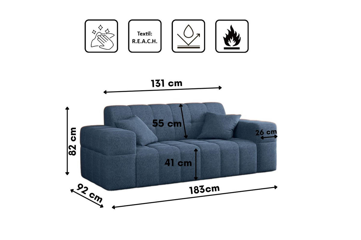 SOFA 2-sitzer Couch serie NIMES Stoff Verita Marineblau - Blau, Holz (183/82/92cm) - Kaiser Möbel