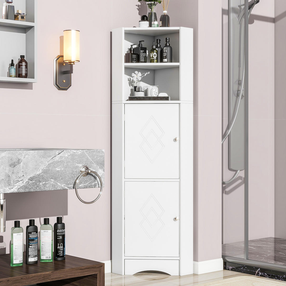 BADEZIMMERSCHRANK in Weiß mit Ablagefächern und offenen Fächern für Badezimmer, B36.5/T36.5/H155 cm - Weiß, Holzwerkstoff (36.5/155/36.5cm) - STILVORA