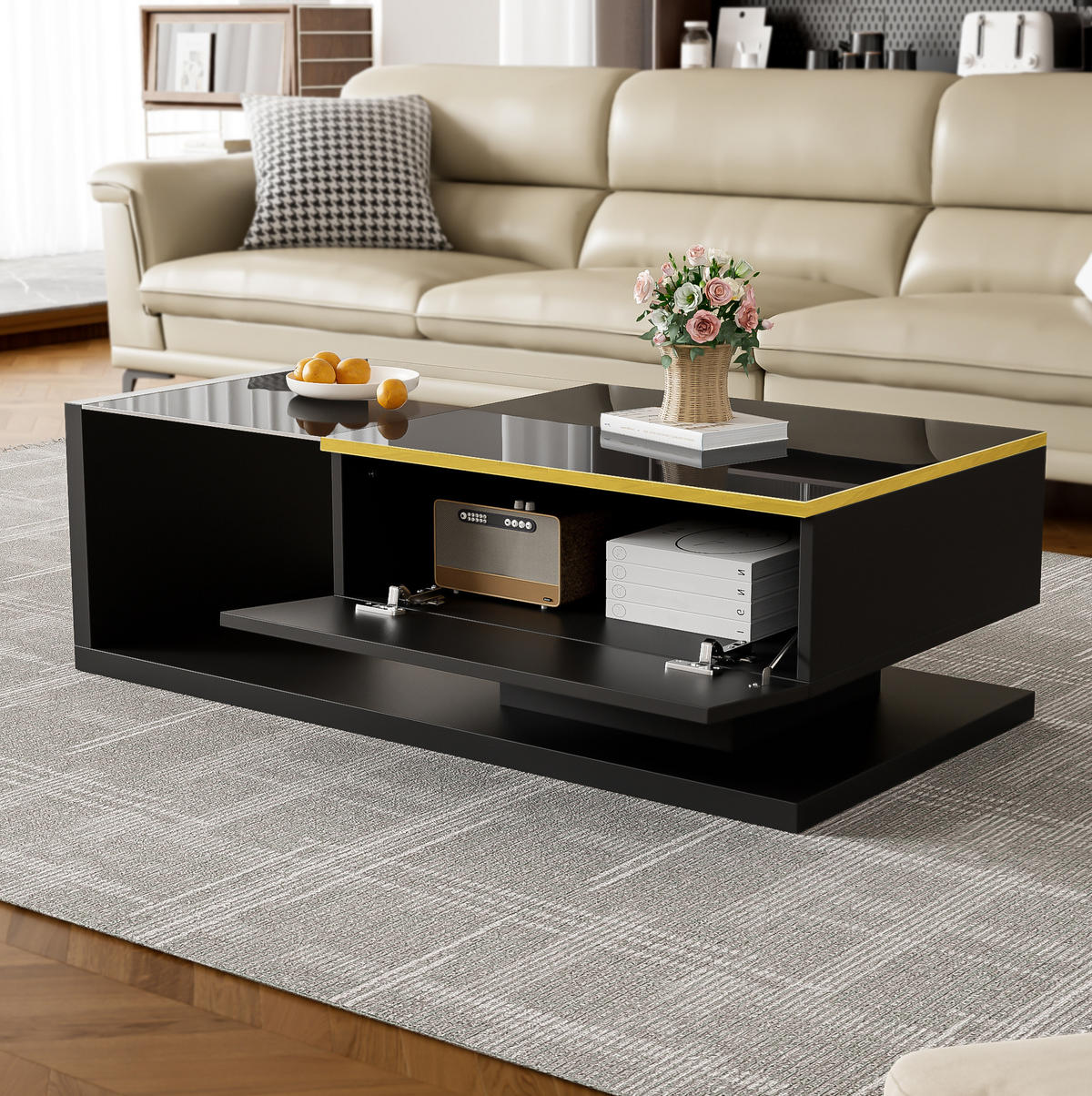 COUCHTISCH mit LED 100 x 50 cm Schwarz Hochglanz mit Glas - Schwarz, Holzwerkstoff (100/50/32.5cm) - Meubliv