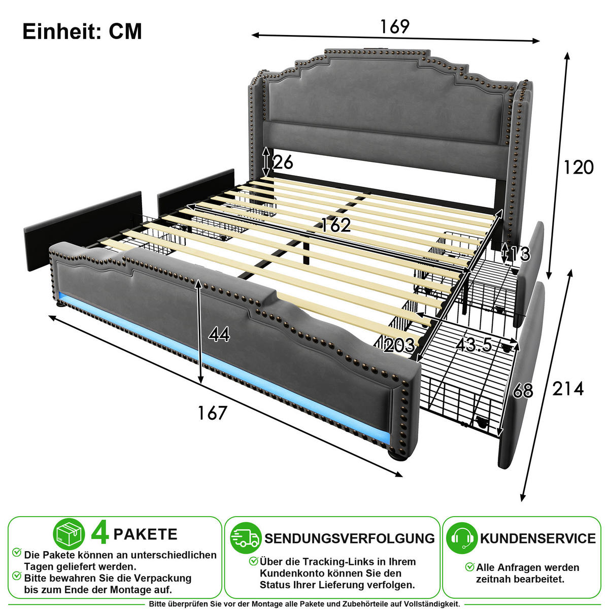 POLSTERBETT 160/200 cm in Grau Samt mit 4 Schubladen, LED, USB und Matratze - Grau, Holzwerkstoff/Textil (160/200cm) - CHICFURN