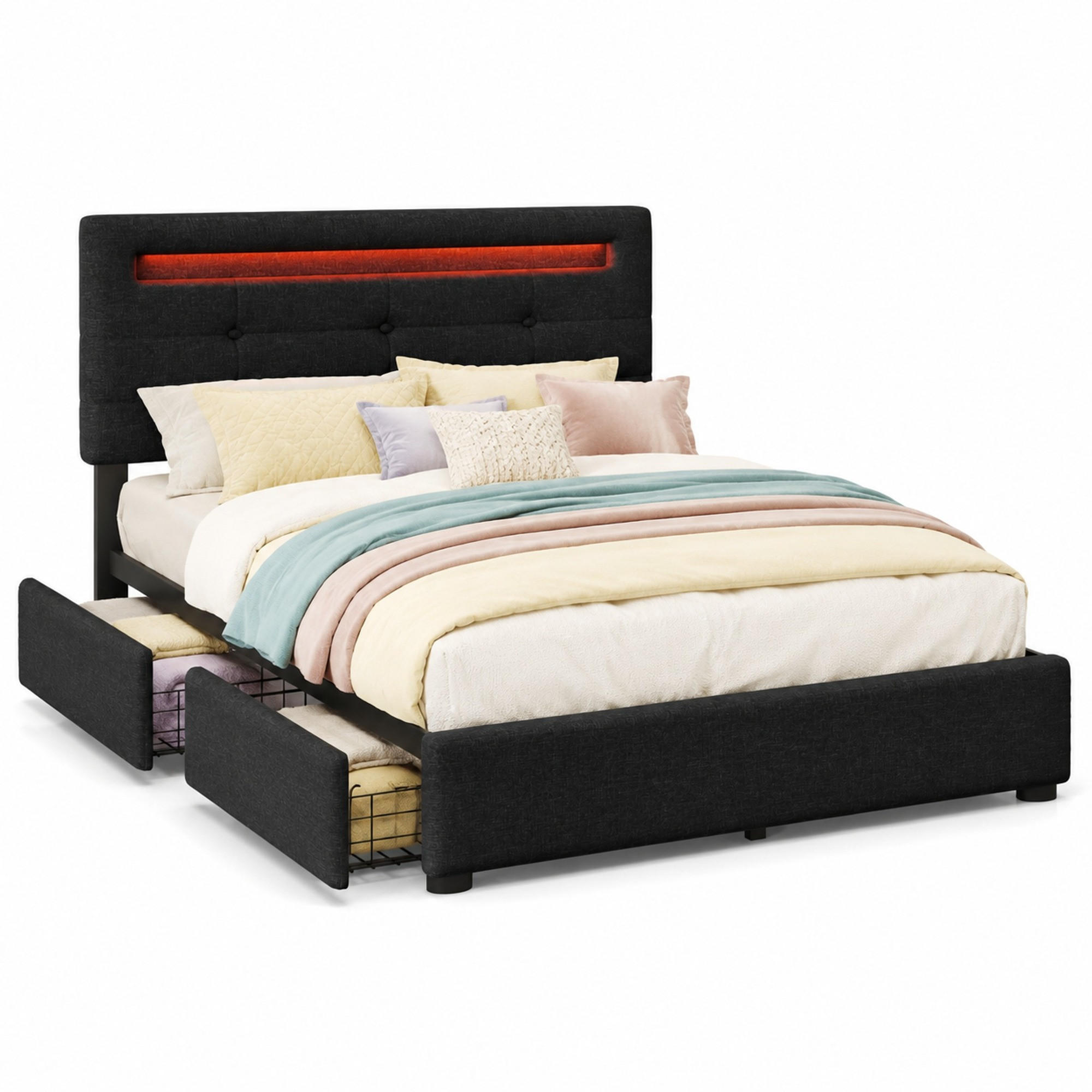 BETT mit LED-Beleuchtung und 2 Schubladen 90x200 cm Schwarz - Schwarz, Metall (90/200cm) - Meubliv