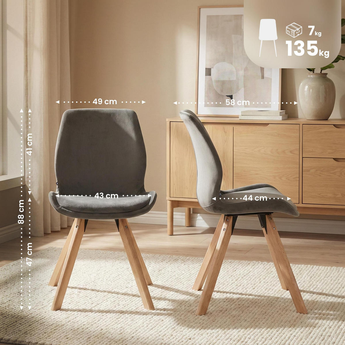 STUHL 4er Set Samt Grau - Eukalyptusholzfarben/Grau, Holz/Textil (49/87/58cm) - CLP