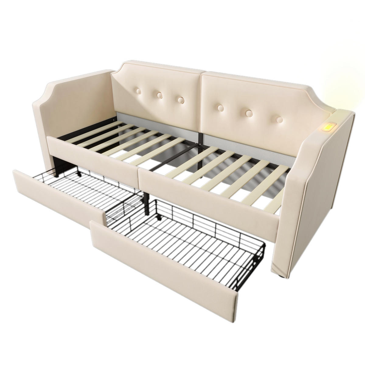 POLSTERBETT 90/200 cm Beige mit USB-Type-C Leselicht und 2 Stauraum Schubladen - Beige, Textil (90/200cm) - OKWISH