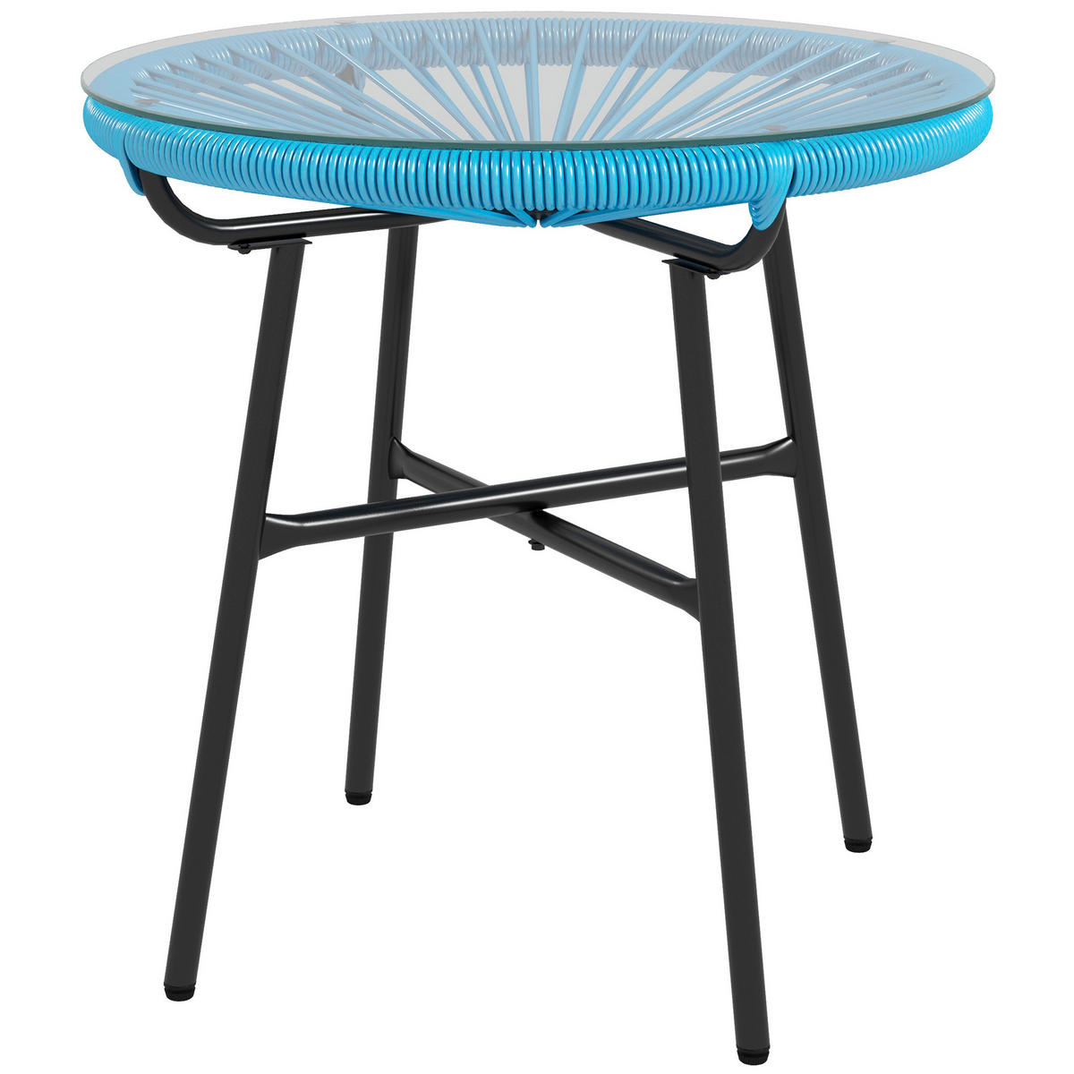 GARTENBEISTELLTISCH DE-13583 rund mit Glasplatte, PE-Rattan Natur - Blau, Metall (50/50/50cm) - ComfortXL