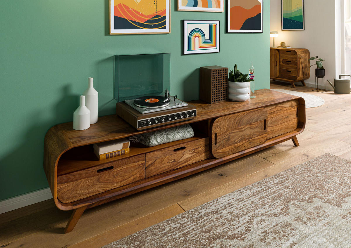 TV-BOARD Sheesham 220x40x48 hellbraun lackiert MAILAND #127 - Braun, Holz (220/48/40cm) - Massivmoebel24