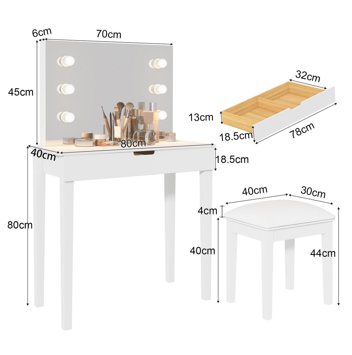 SCHMINKTISCH 100/40/75 cm weiß mit 6 LED-Leuchten höhenverstellbar - Weiß, Holzwerkstoff (125/40/80cm) - OKWISH