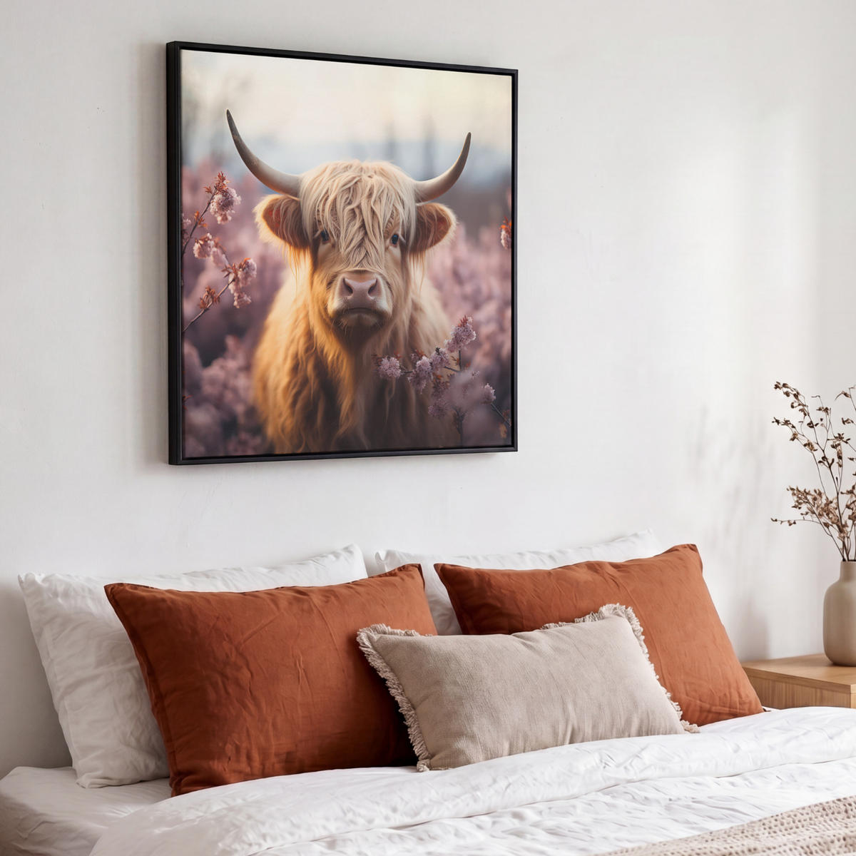 LEINWAND Bilder mit Rahmen - Schottischer Hochländer - Frühling - Hochland - 50x50 - Hellrosa, Textil (50/50cm) - MuchoWow