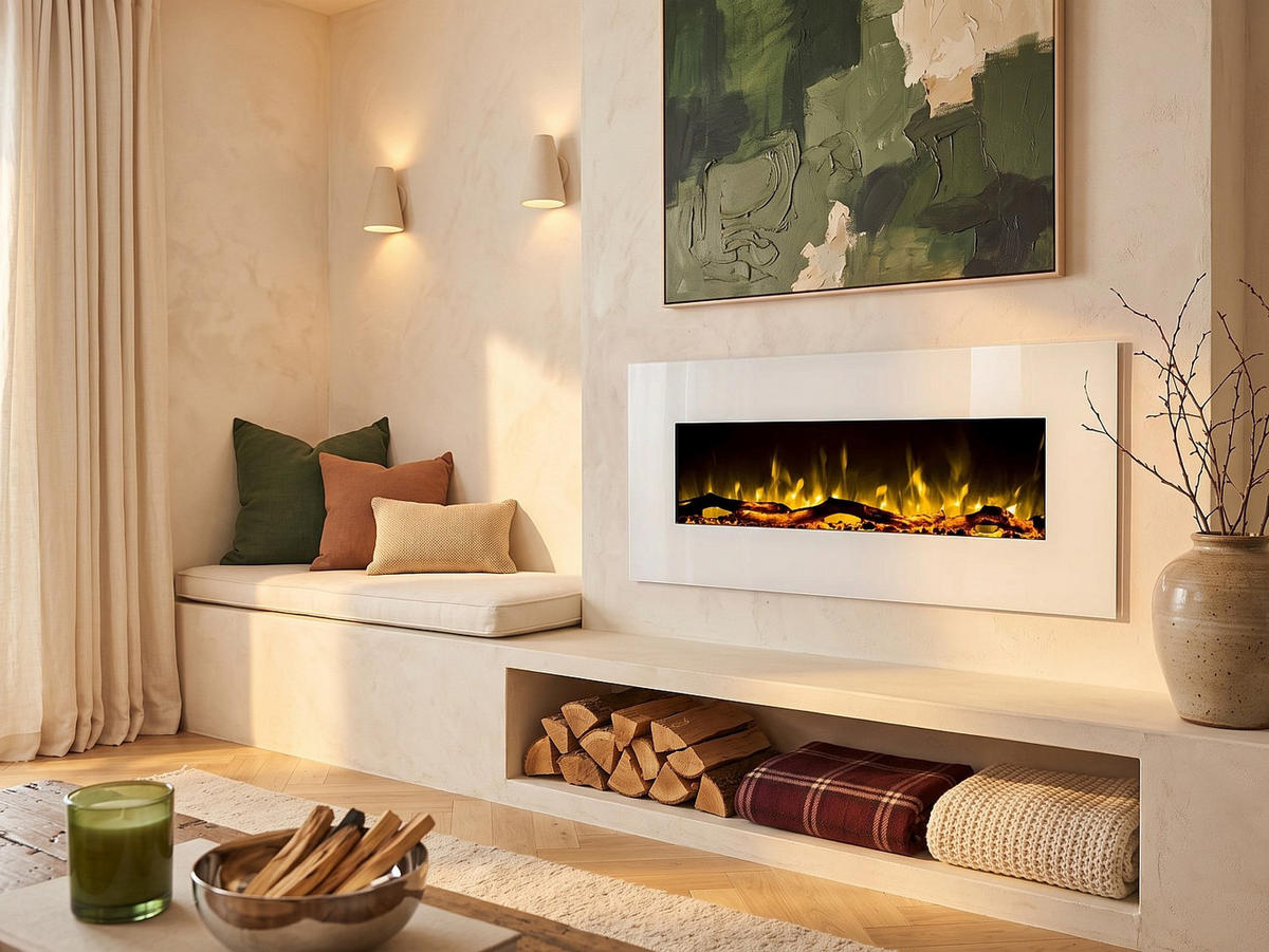 KAMIN - 110 x 14 - glas - weiß Lalita - Weiß, Glas/Metall (110/49/14cm) - Vente-Unique