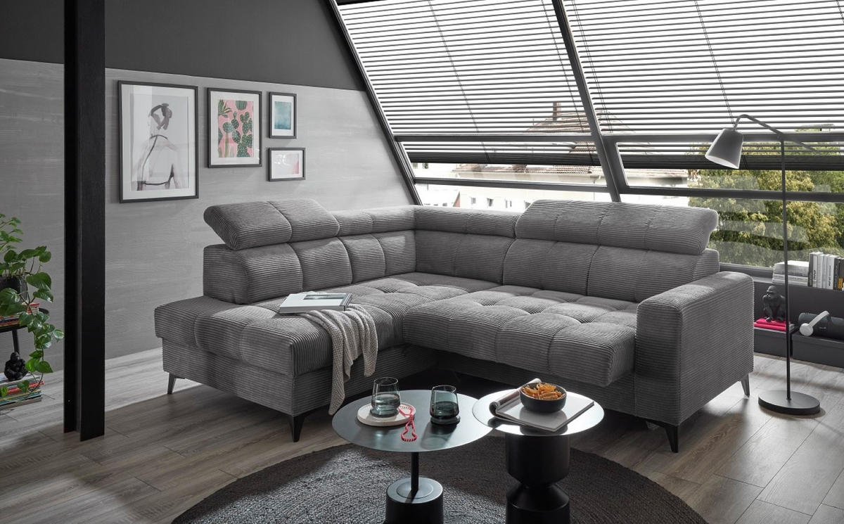 ECKSOFA mit elektronische Sitztiefenverstellung, USB-Anschluss und stilvollem Breitcord-Bezug - Hellgrau/Zwetschgefarben, Textil (243/200cm) - ed exciting design