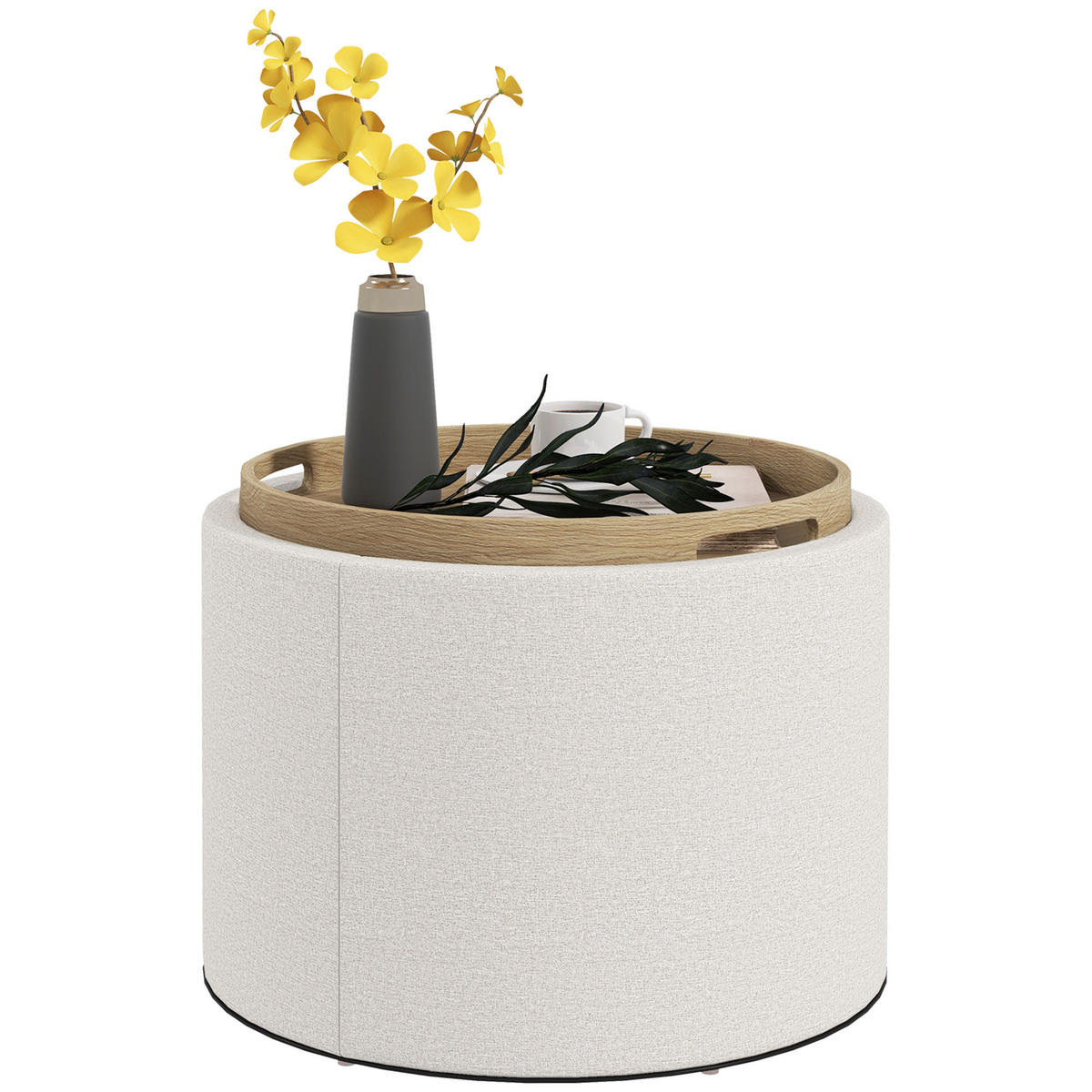 HOCKER DE-07198 mit Leinen, verstecktem Stauraum Creme/Natur - Creme, Holzwerkstoff (56/42/56cm) - ComfortXL