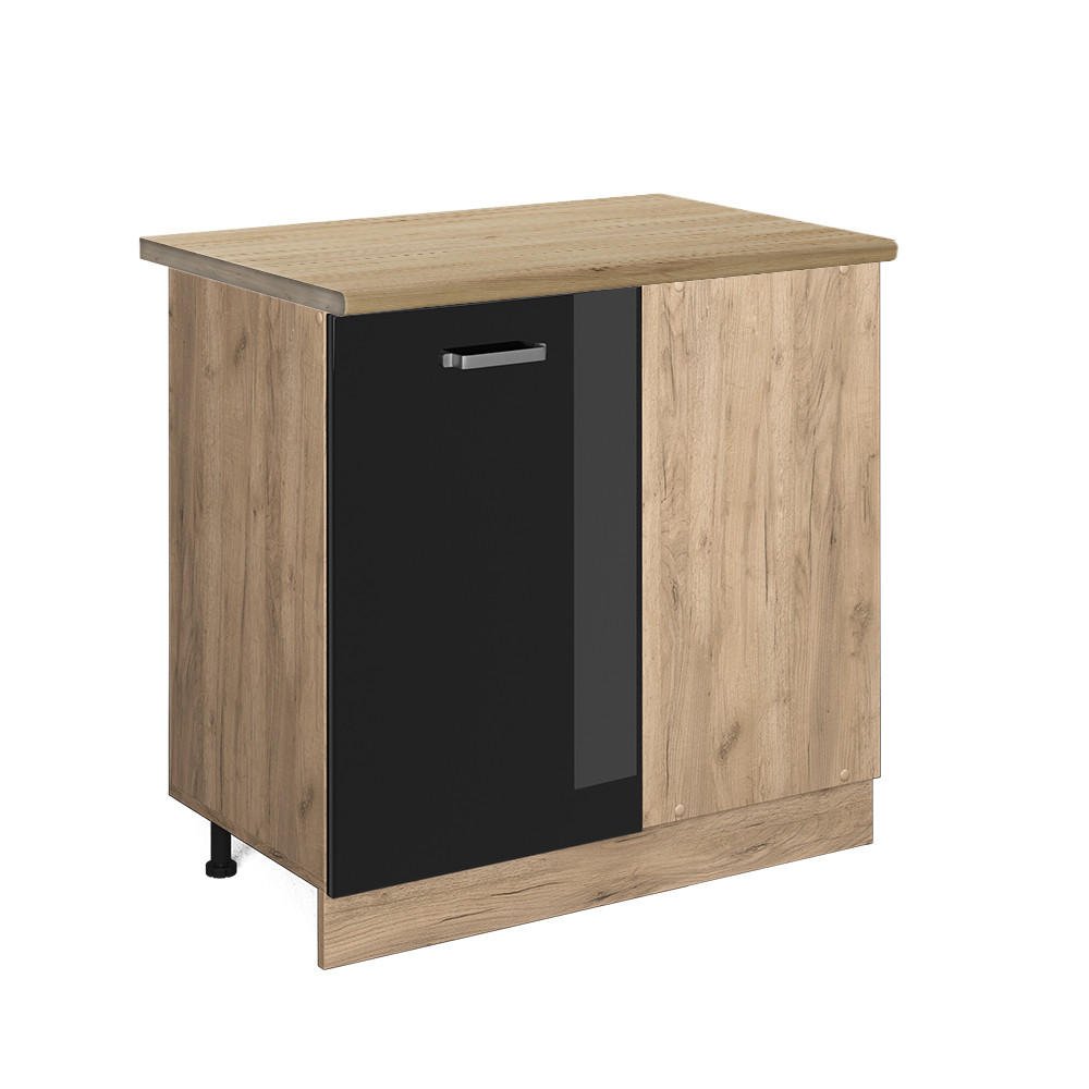 ECKUNTERSCHRANK R-Line Schwarz Hochglanz 86 cm, AP Eiche - Schwarz Hochglanz/Eiche Wotan, Holzwerkstoff (86/81.6/60cm) - Vicco