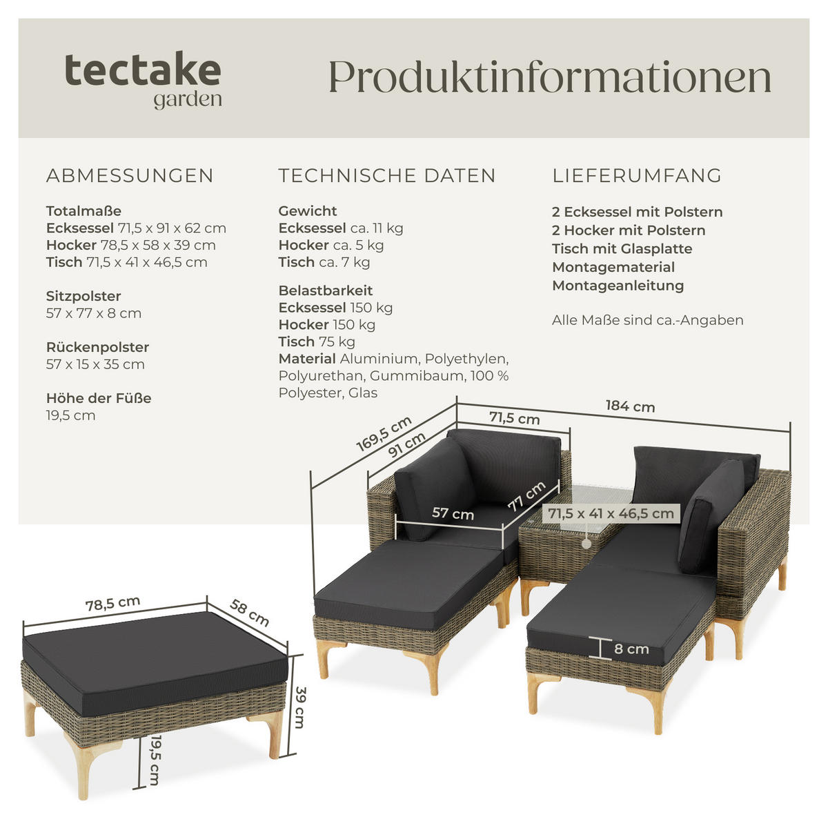 RATTANLOUNGE Bellaria,mit Sicherheitsglasplatte,natur - Naturfarben, Kunststoff/Metall - tectake