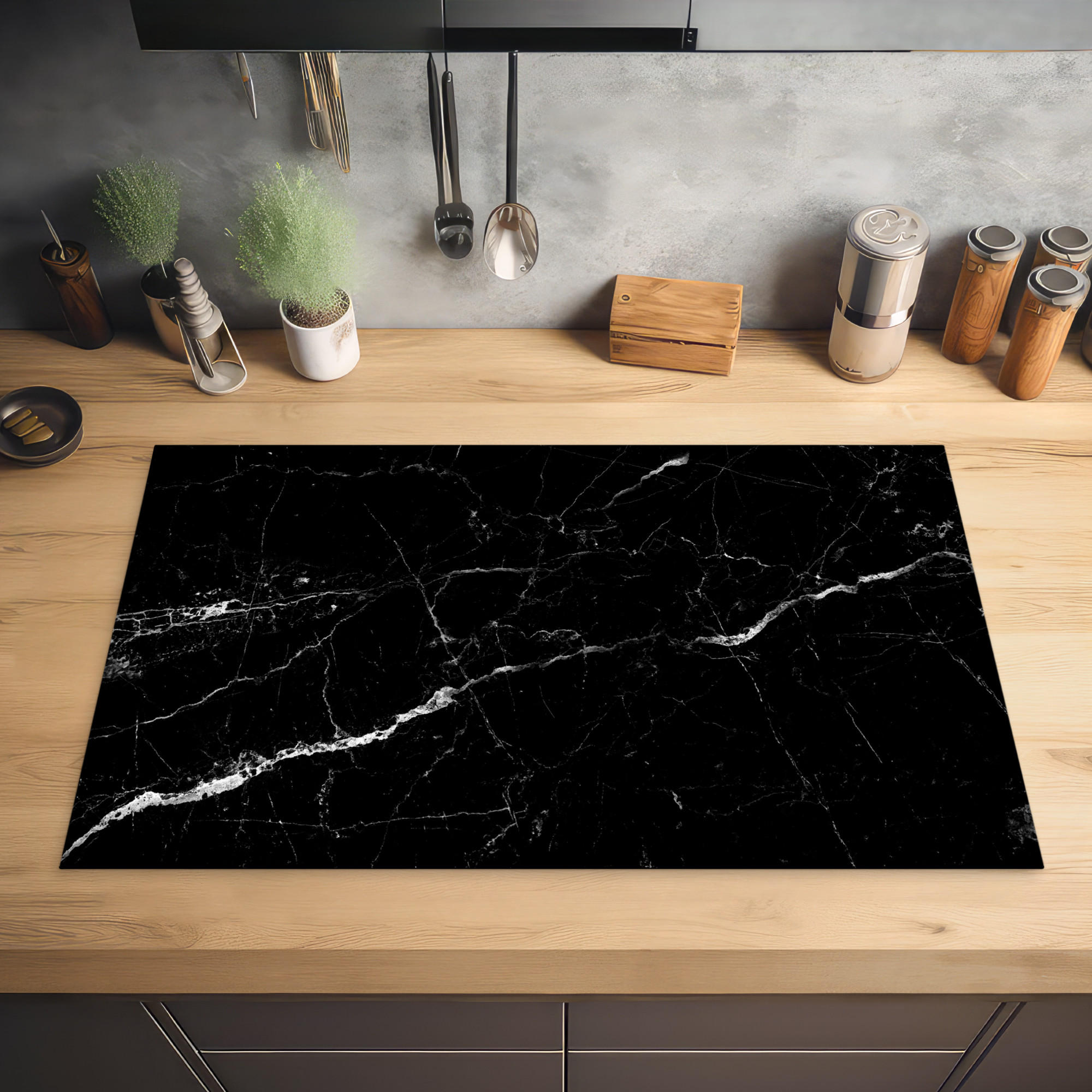 HERDABDECKPLATTE Marmoroptik - Schwarz - Luxus 85x52 cm - Grau, Kunststoff (85/0.2/52cm) - MuchoWow